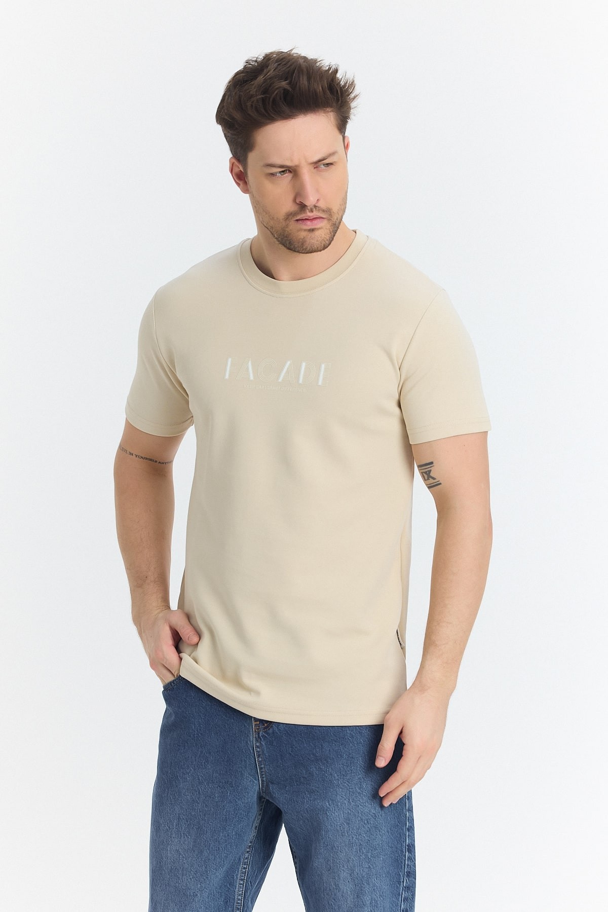 Facede Baskılı Regular Fit T-Shirt - Bej