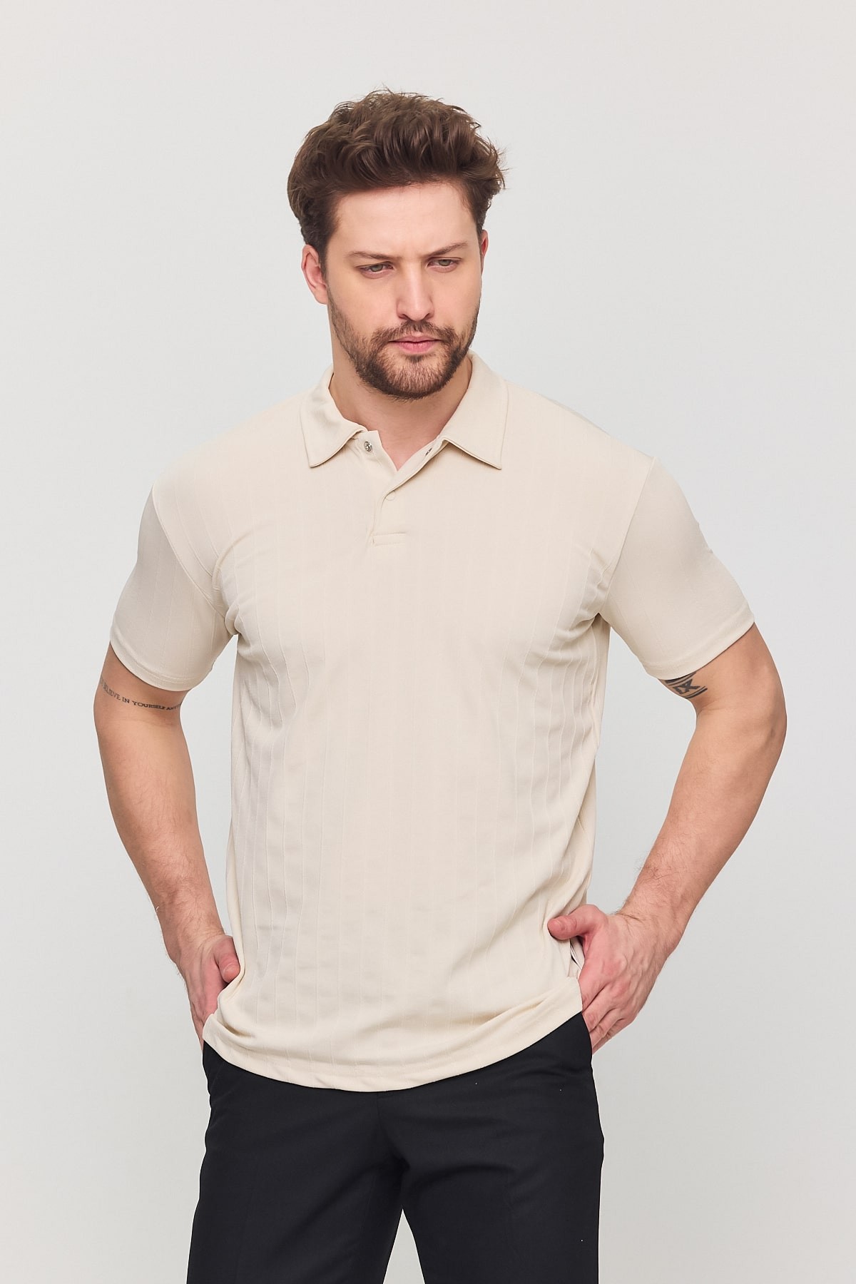 Polo Yaka Düğmeli T-Shirt - Bej