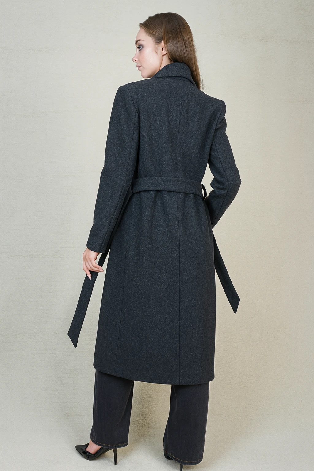 Kemerli Kadın Kaşe Kaban - Antrasit