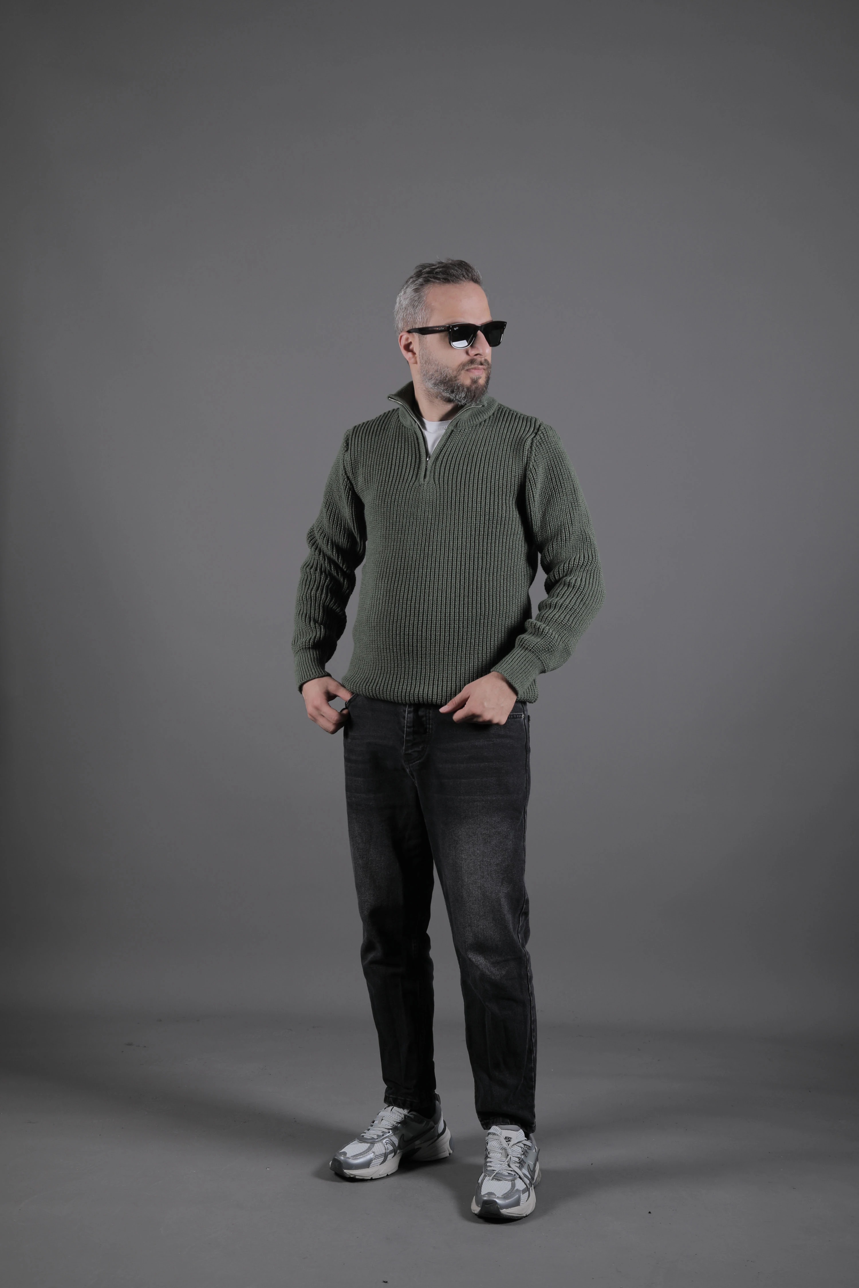 Yarım Fermuarlı Kalın Erkek Kazak - Haki