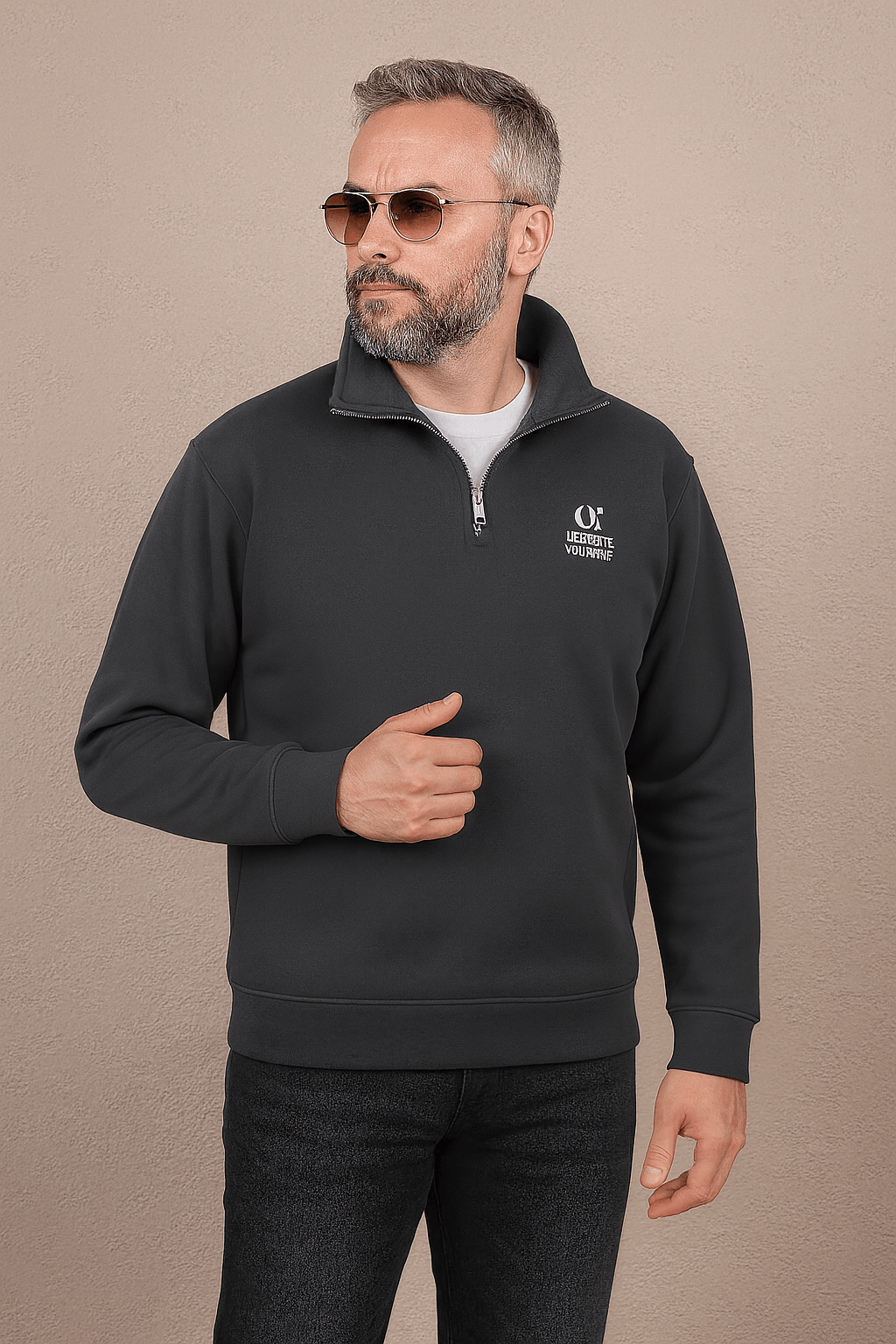 Yarım Fermuarlı Nakışlı Sweatshirt - Füme