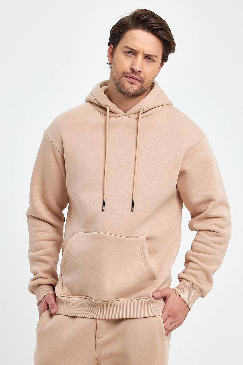 İçi Polarlı Kapşonlu Erkek Sweatshirt Hoodie - Krem