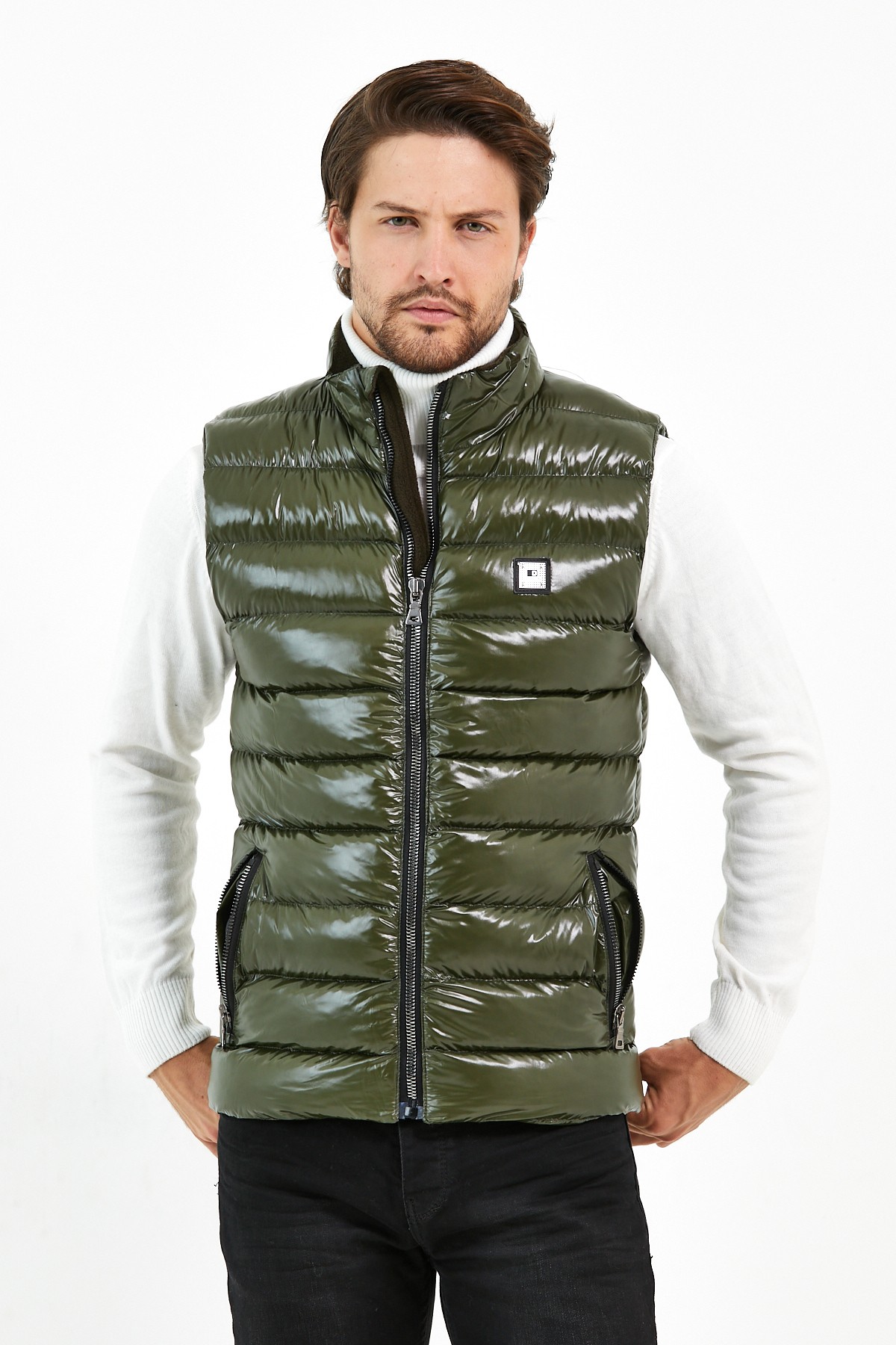 Slim Fit Parlak Şişme Yelek - Haki