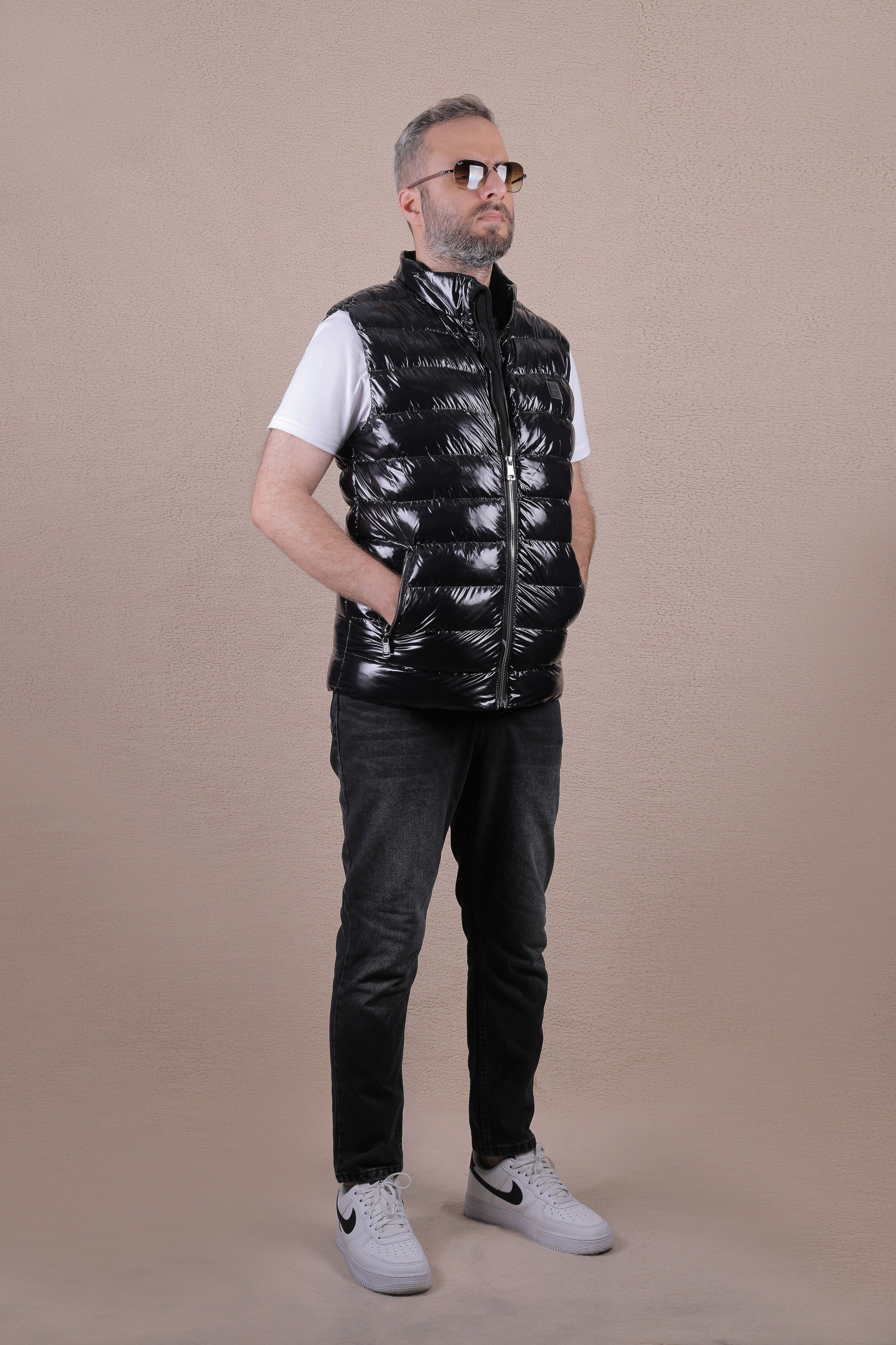 Slim Fit Parlak Şişme Yelek - Siyah