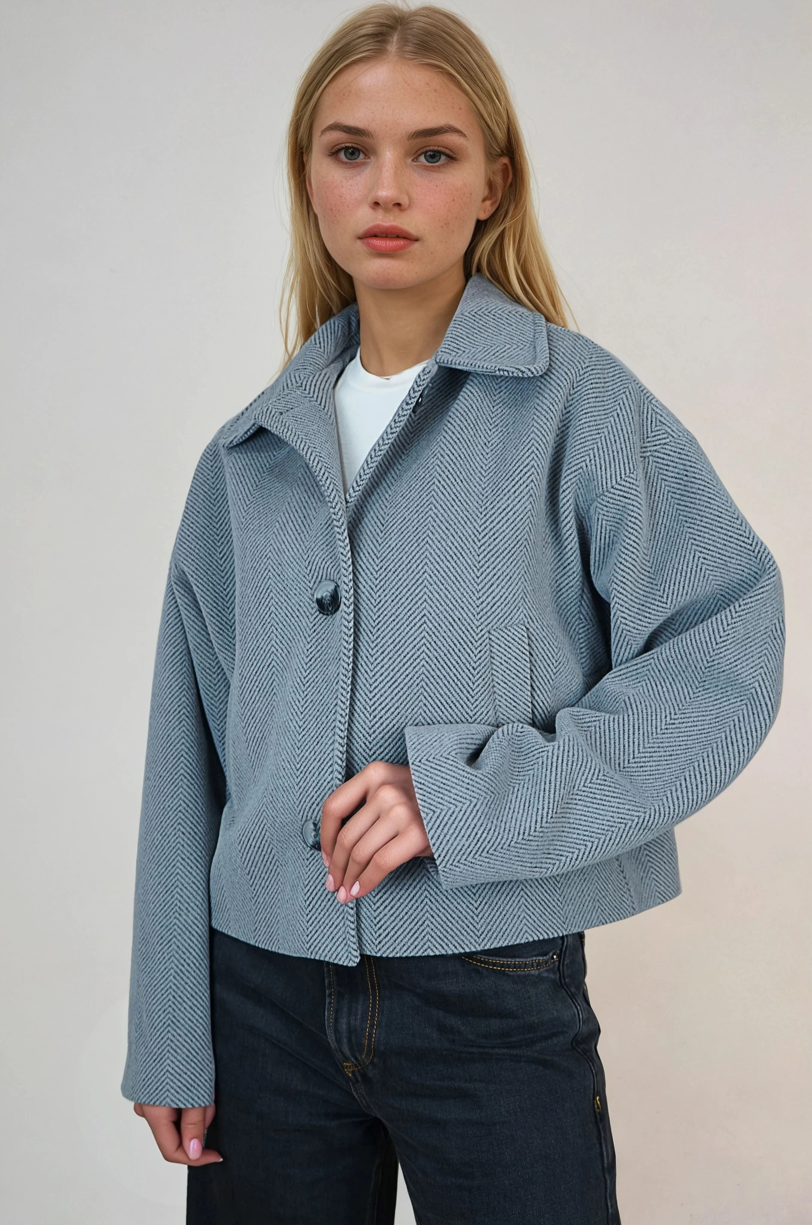 Oversize Desenli Kadın Kısa Kaşe Kaban  - Koyu Gri