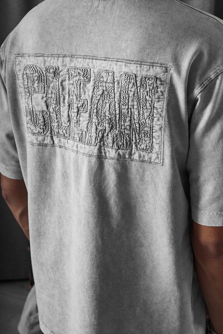 Yıkamalı Eskitme Kumaş Ön Arka Nakışlı Unisex Oversize T-shirt - Gri