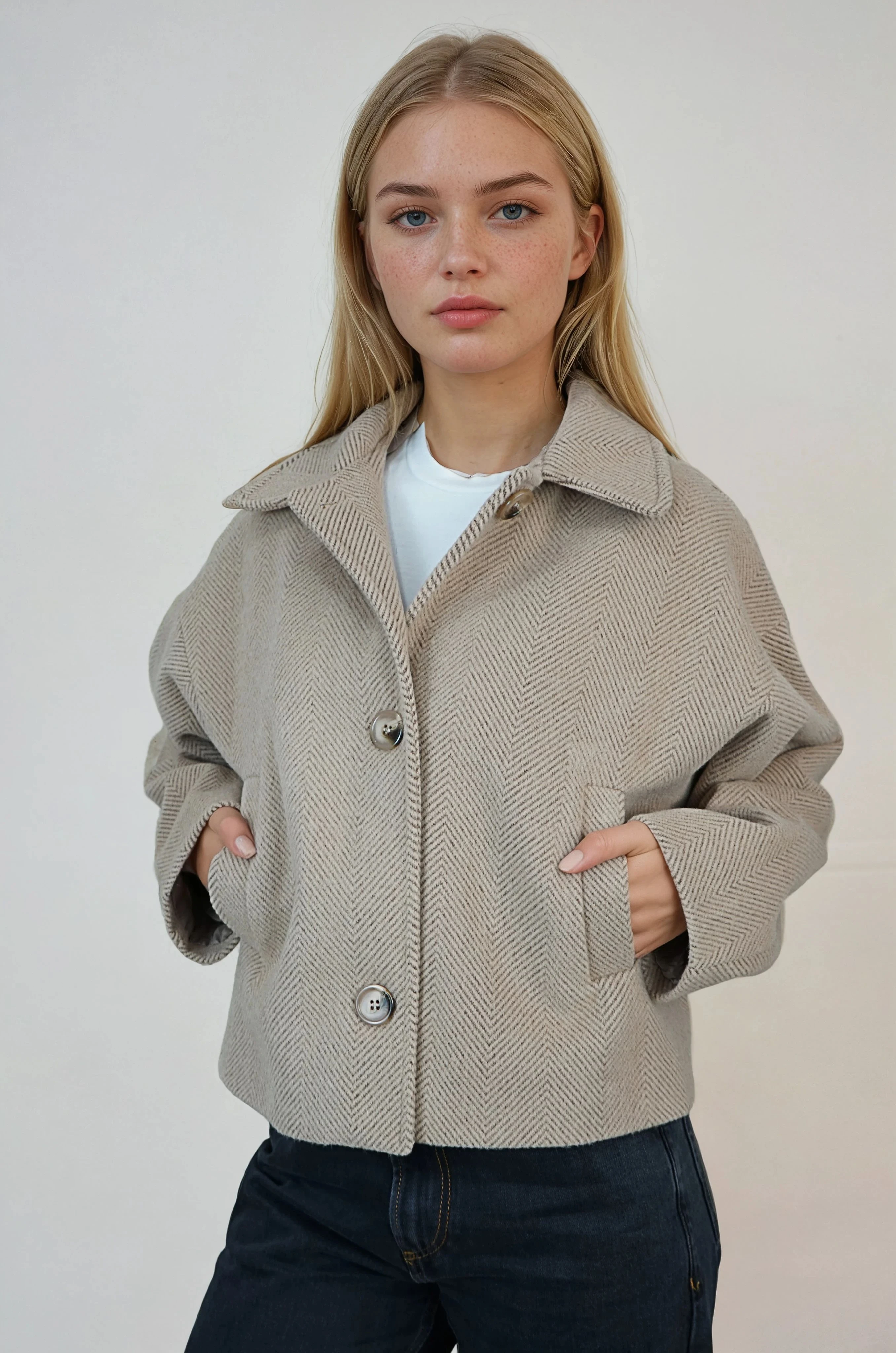 Oversize Desenli Kadın Kısa Kaşe Kaban  - Sütlü Kahve