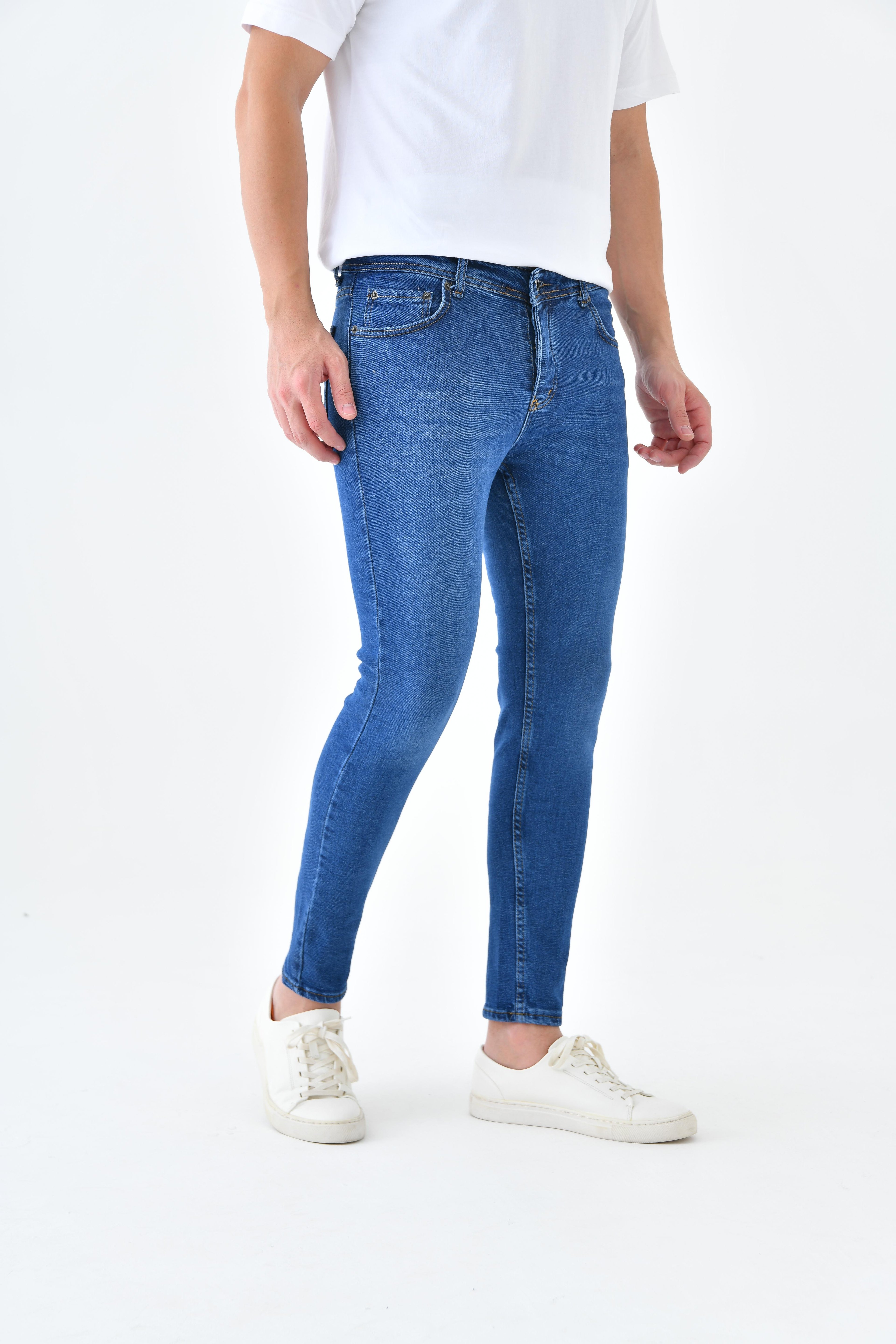 Slim Fit Erkek Likralı Kot Pantolon Jeans - Taşlamalı Mavi