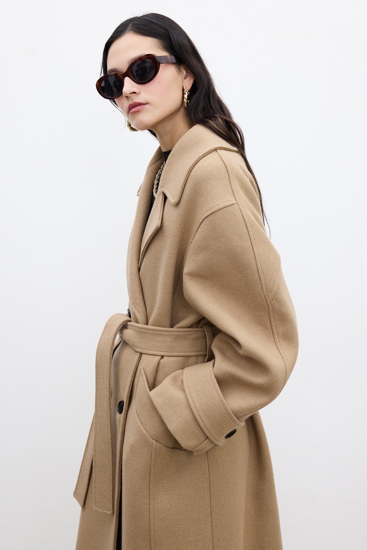 Kemerli Oversize Premium Kadın Kaşe Kaban - Camel
