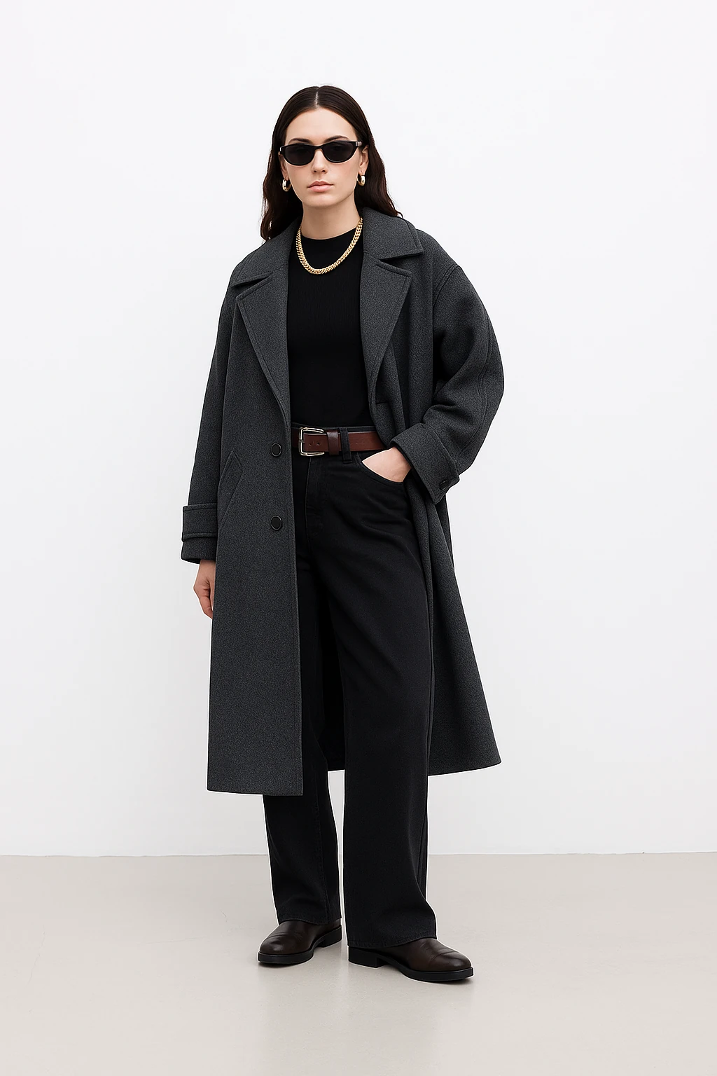 Kemerli Oversize Premium Kadın Kaşe Kaban - Antrasit