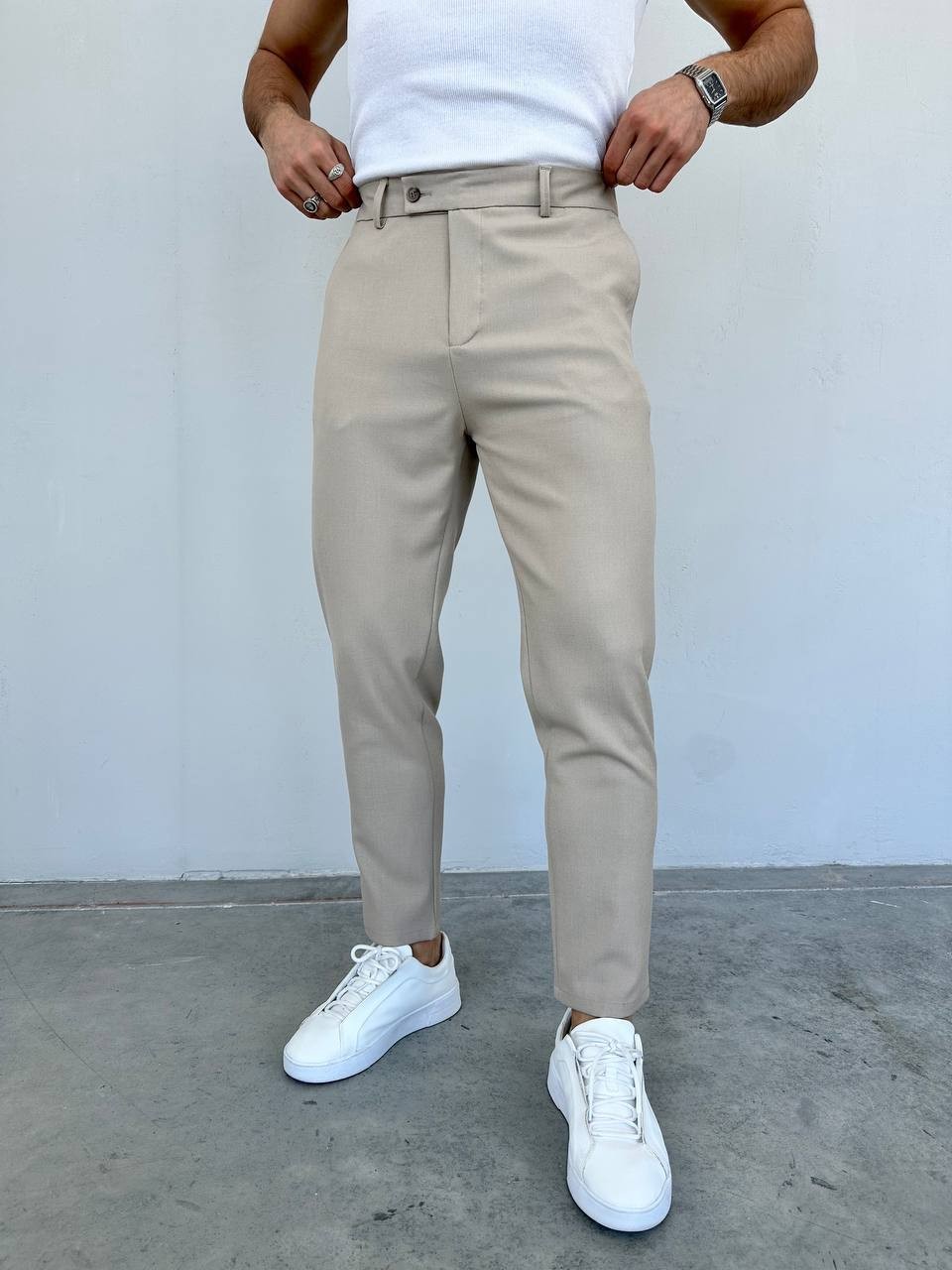 Slim Fit Likralı Erkek Keten Pantolon - Krem