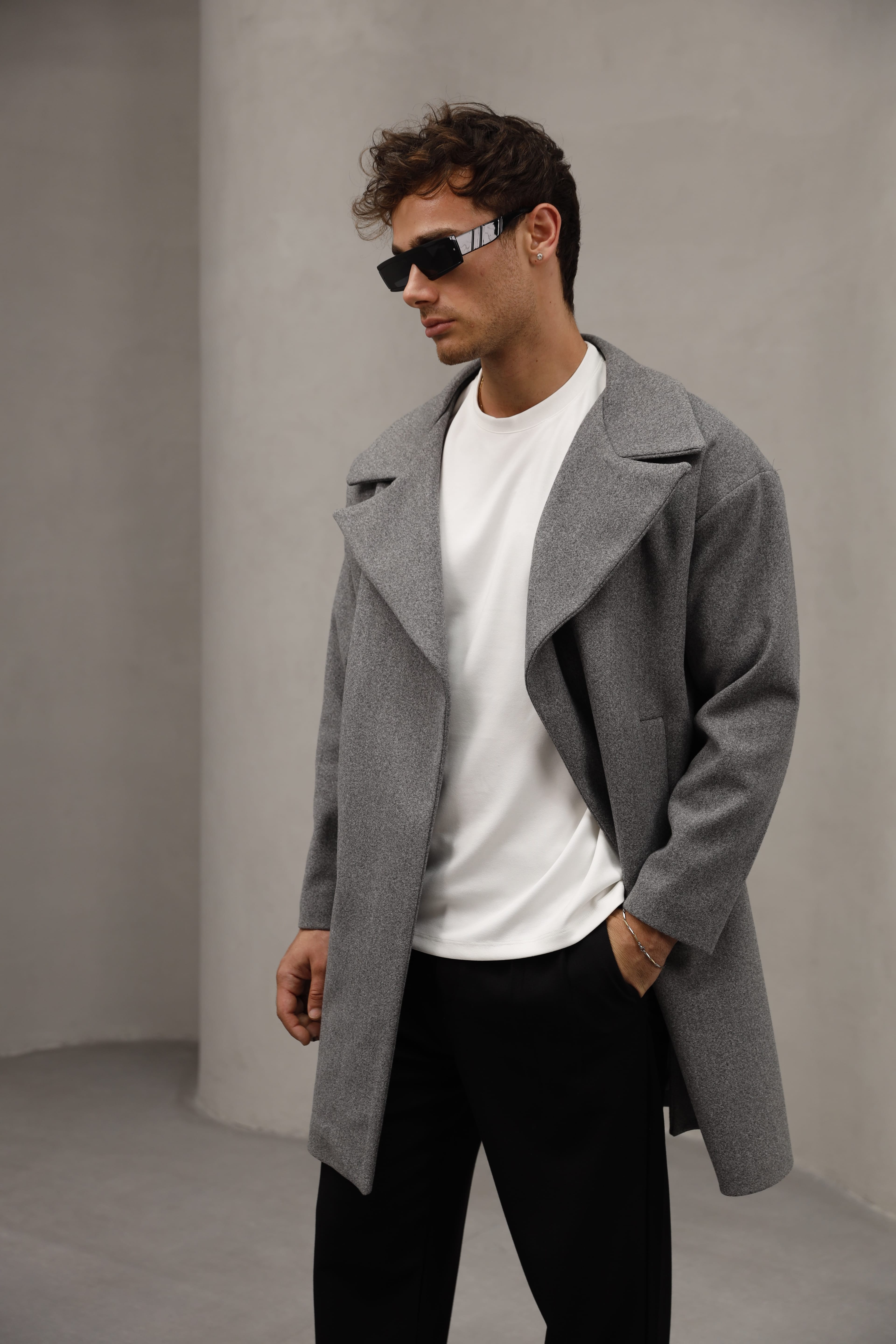 Oversize Gizli Düğmeli Uzun Kaşe Kaban