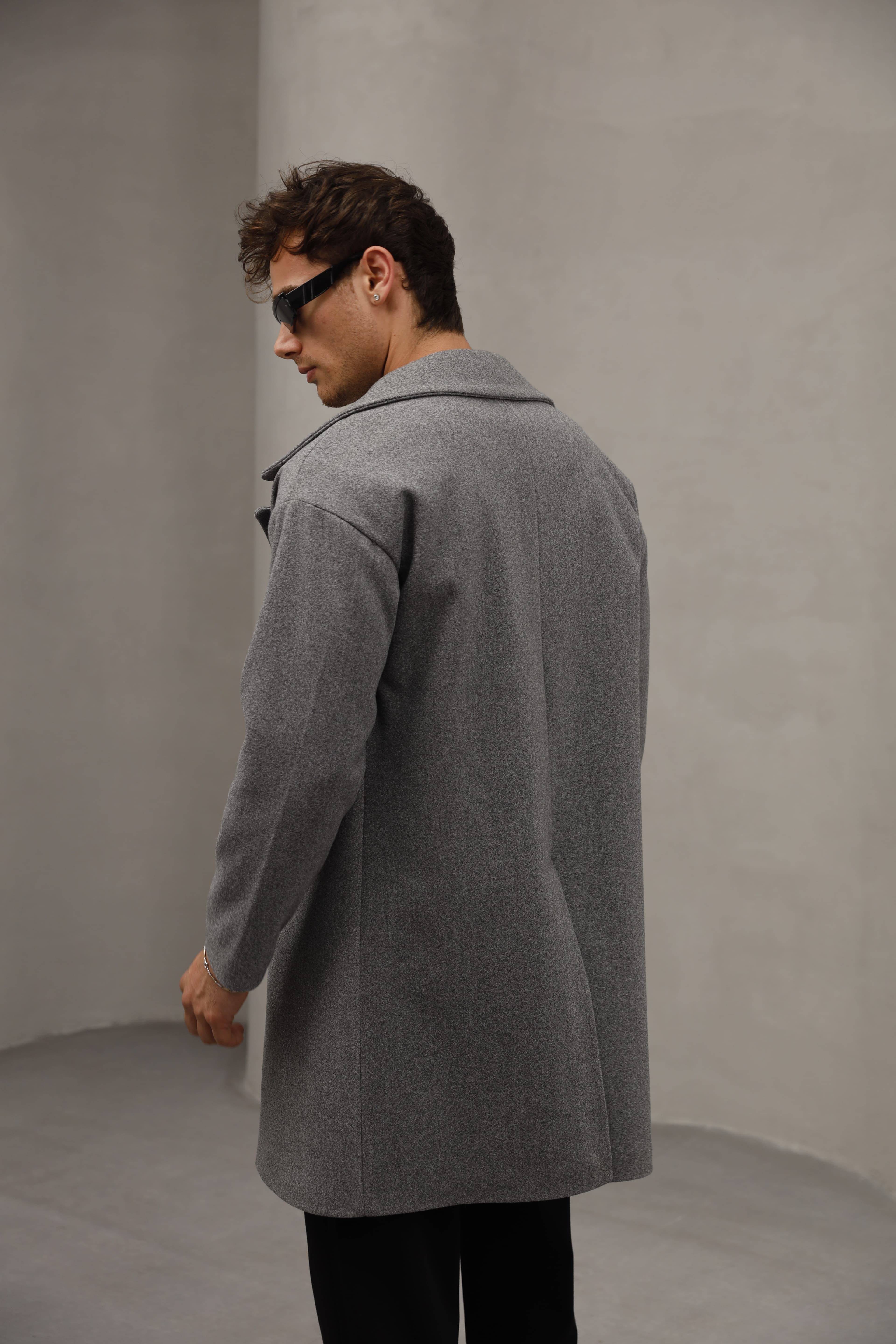 Oversize Gizli Düğmeli Uzun Kaşe Kaban