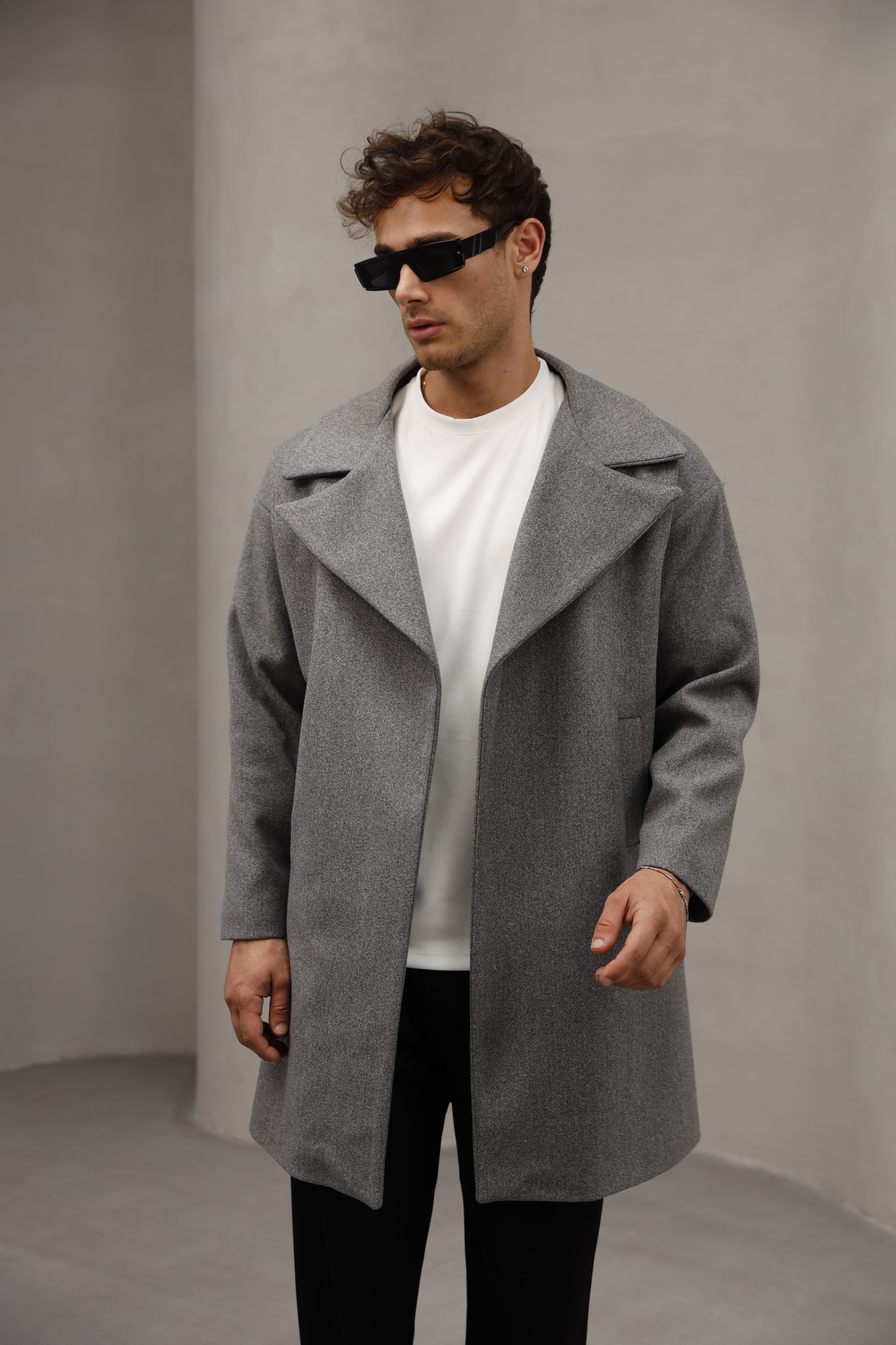 Oversize Gizli Düğmeli Uzun Kaşe Kaban