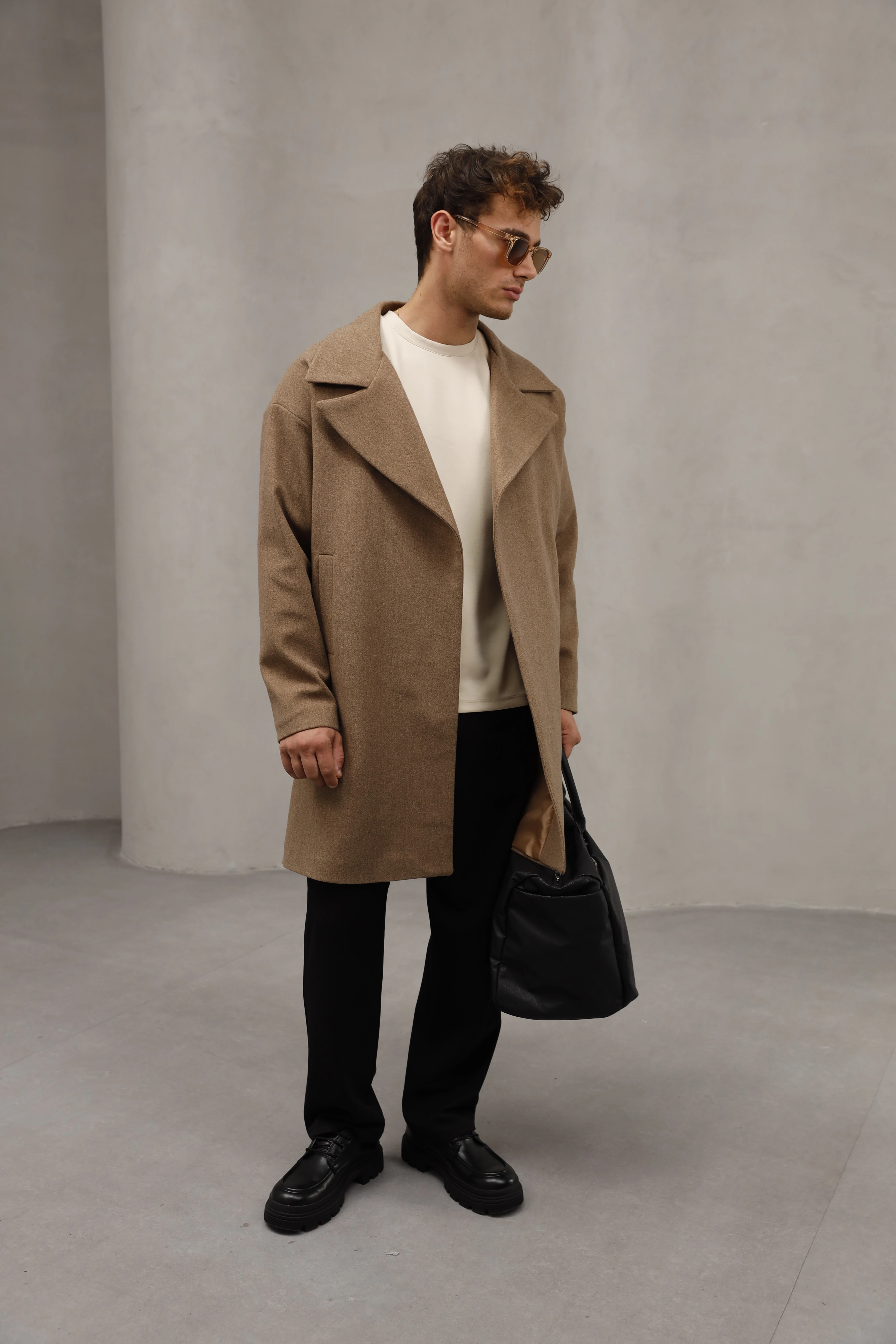 Oversize Kapamasız Erkek Uzun Kaşe Kaban - Vizon