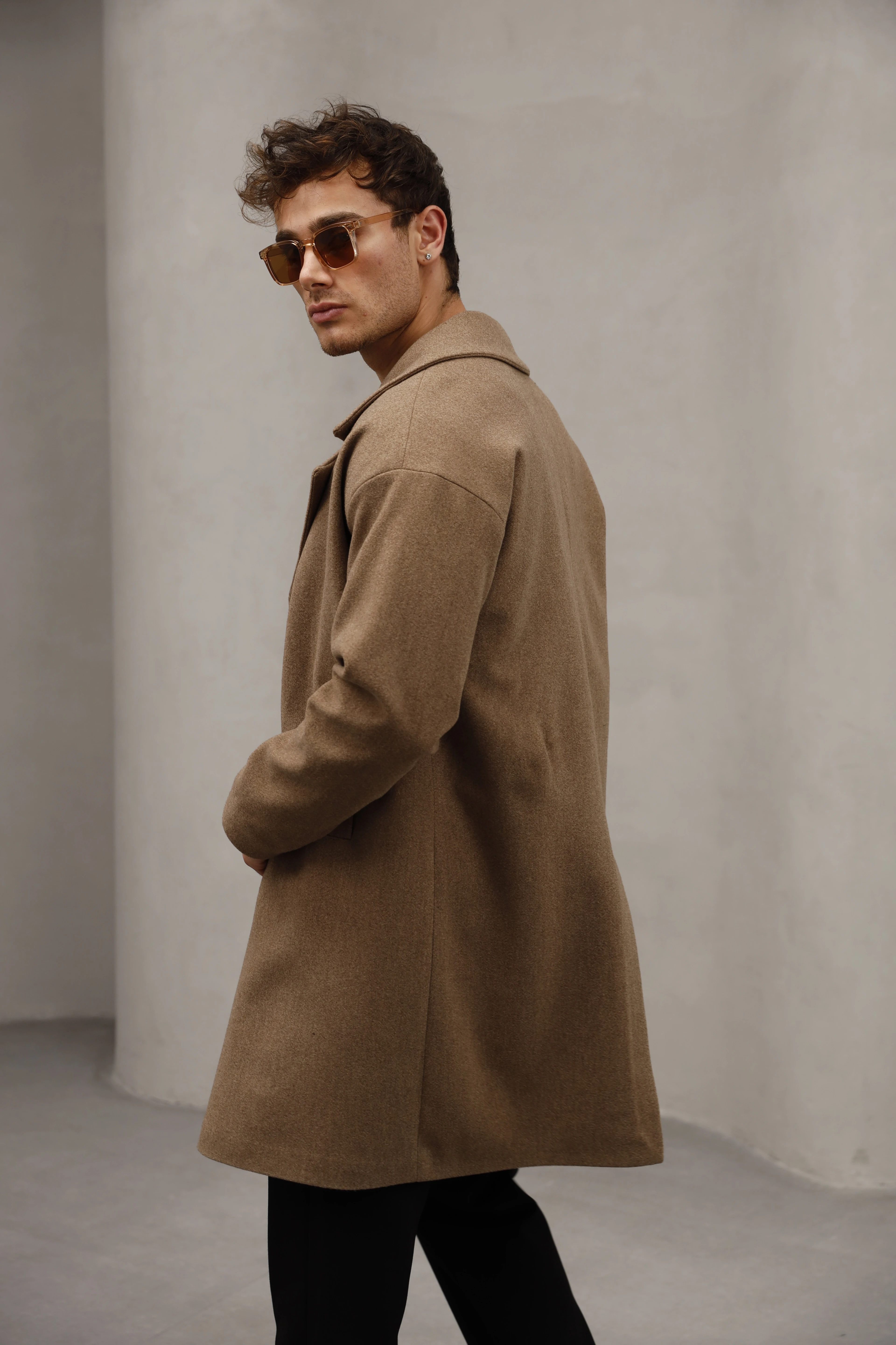 Oversize Kapamasız Erkek Uzun Kaşe Kaban - Vizon