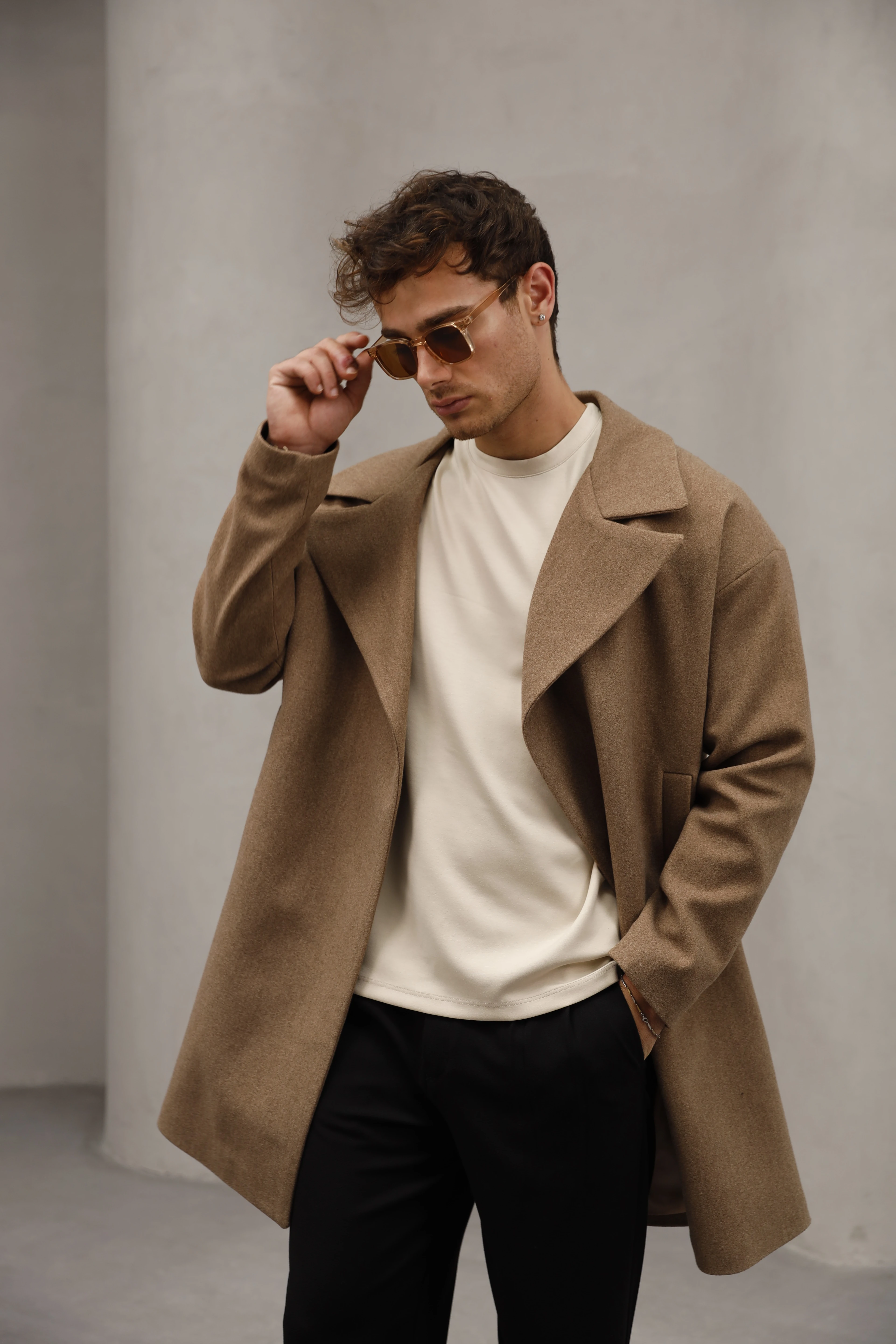 Oversize Kapamasız Erkek Uzun Kaşe Kaban - Vizon