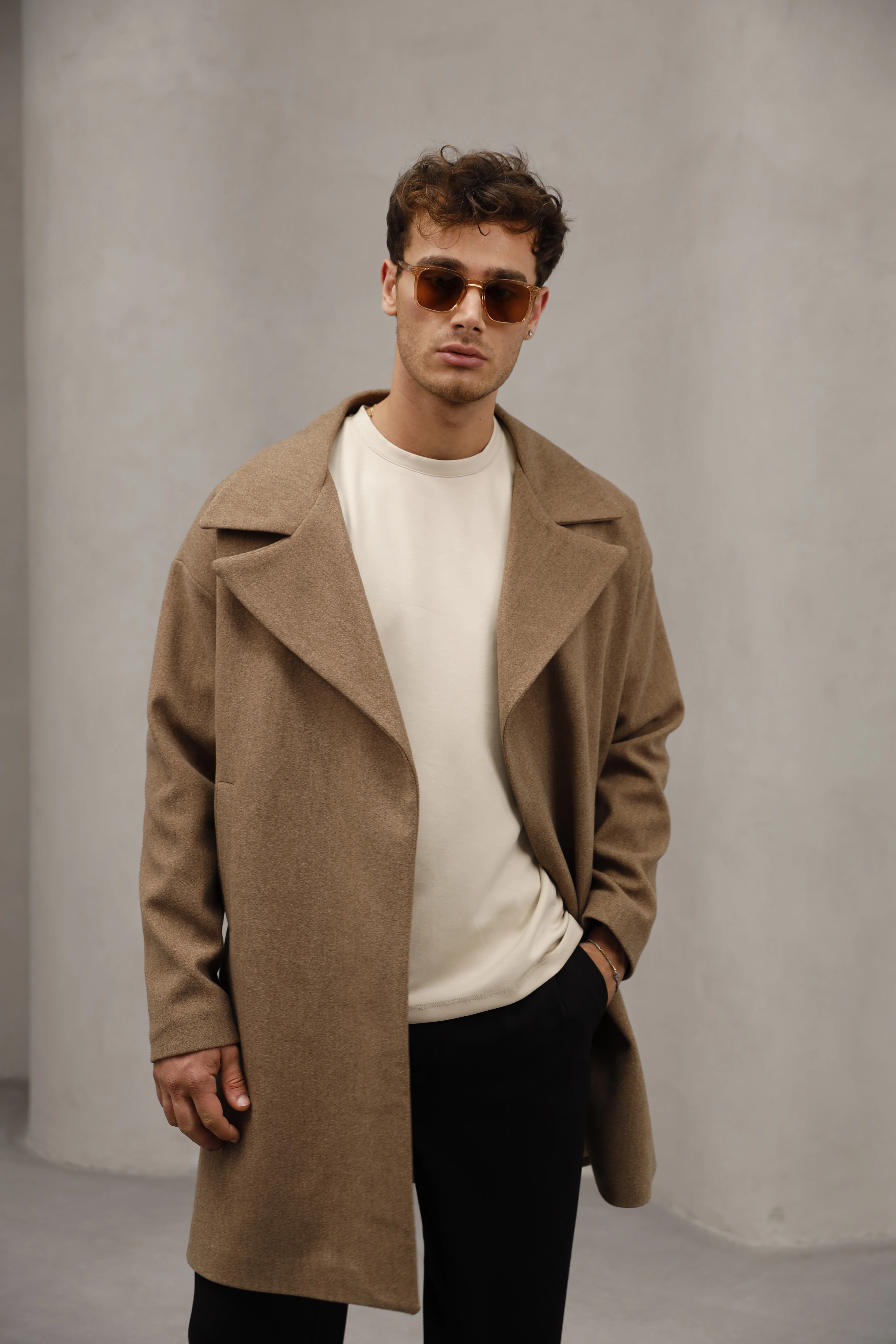 Oversize Kapamasız Erkek Uzun Kaşe Kaban - Vizon