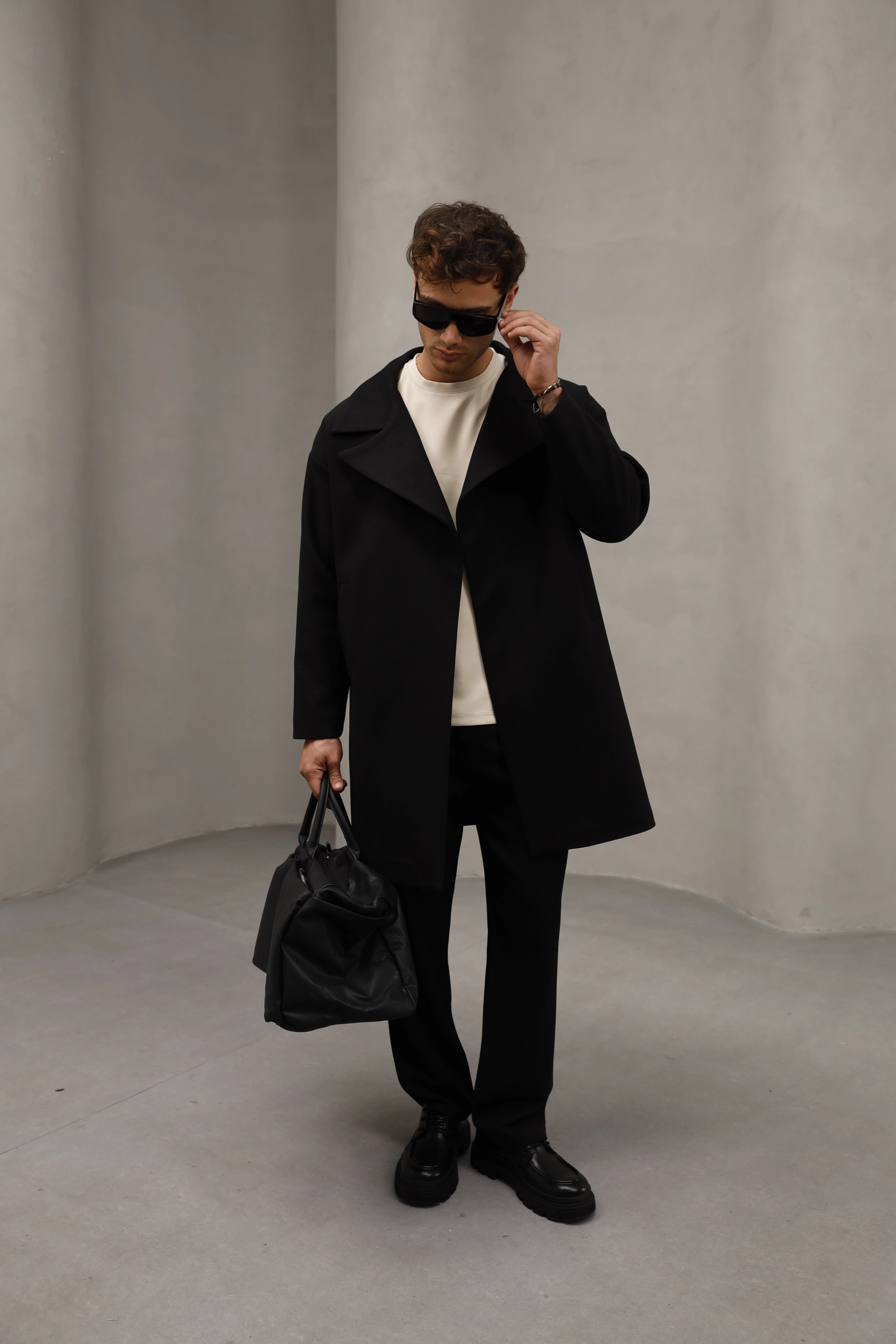 Oversize Kapamasız Erkek Uzun Kaşe Kaban - Siyah