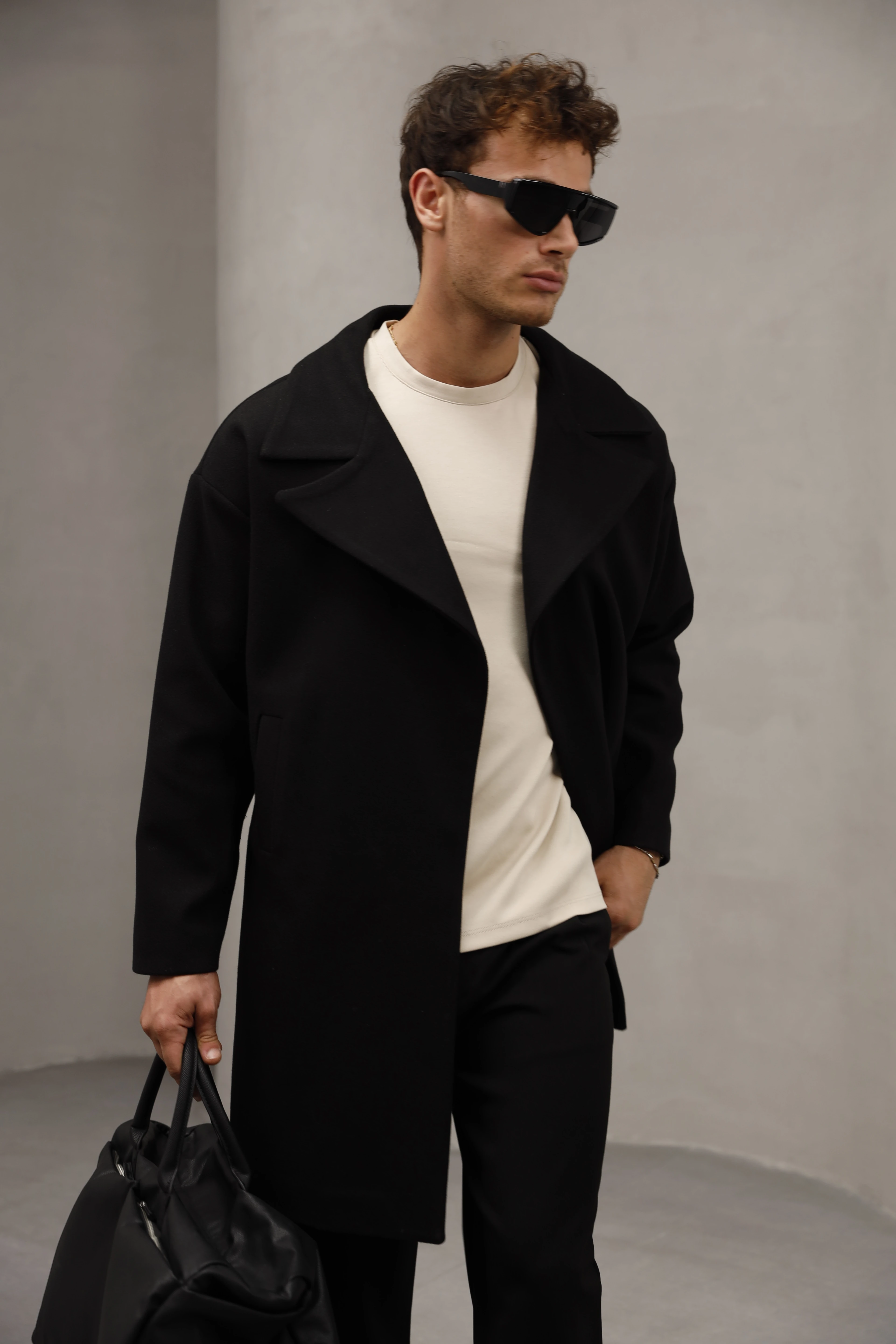 Oversize Kapamasız Erkek Uzun Kaşe Kaban - Siyah