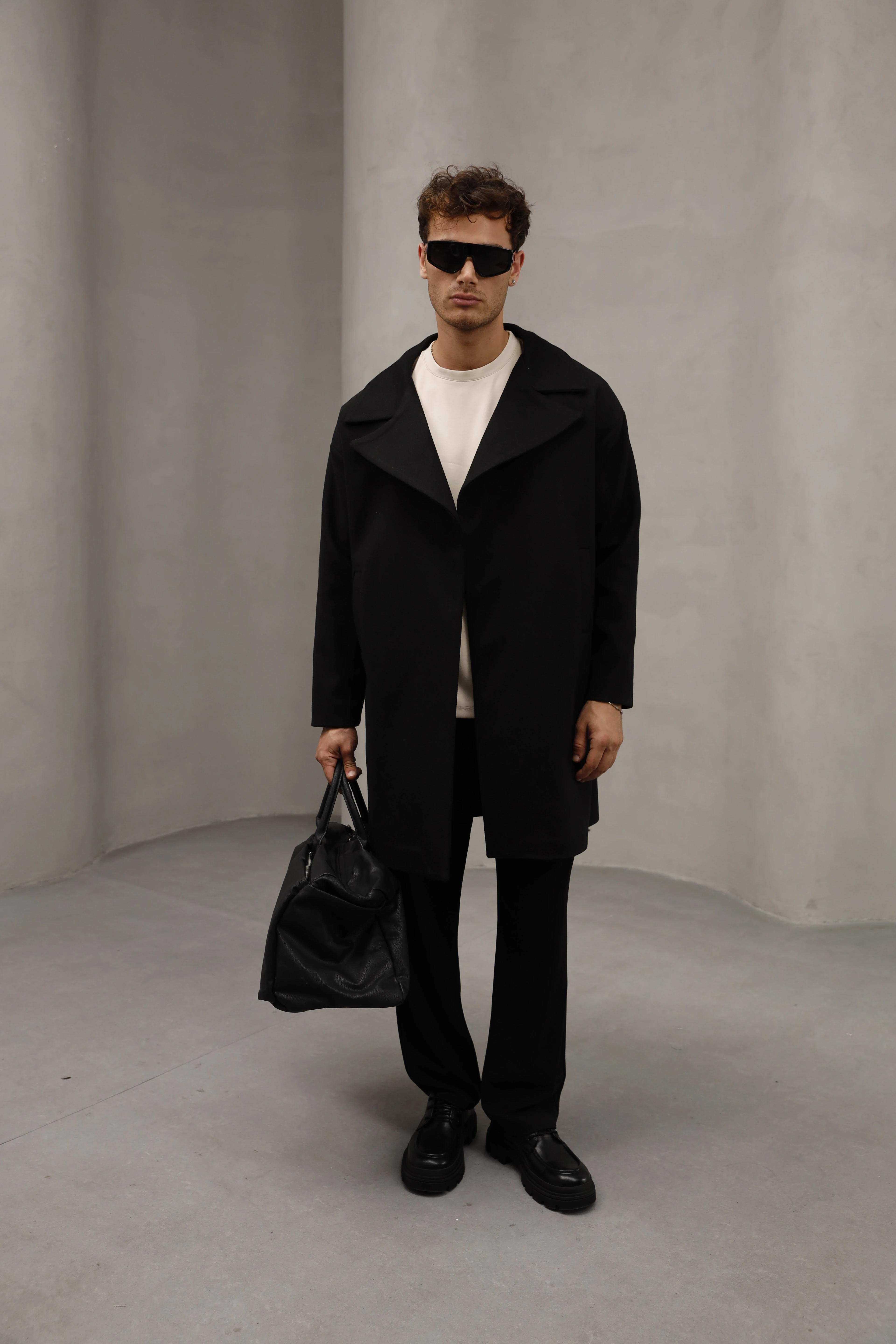 Oversize Kapamasız Erkek Uzun Kaşe Kaban - Siyah