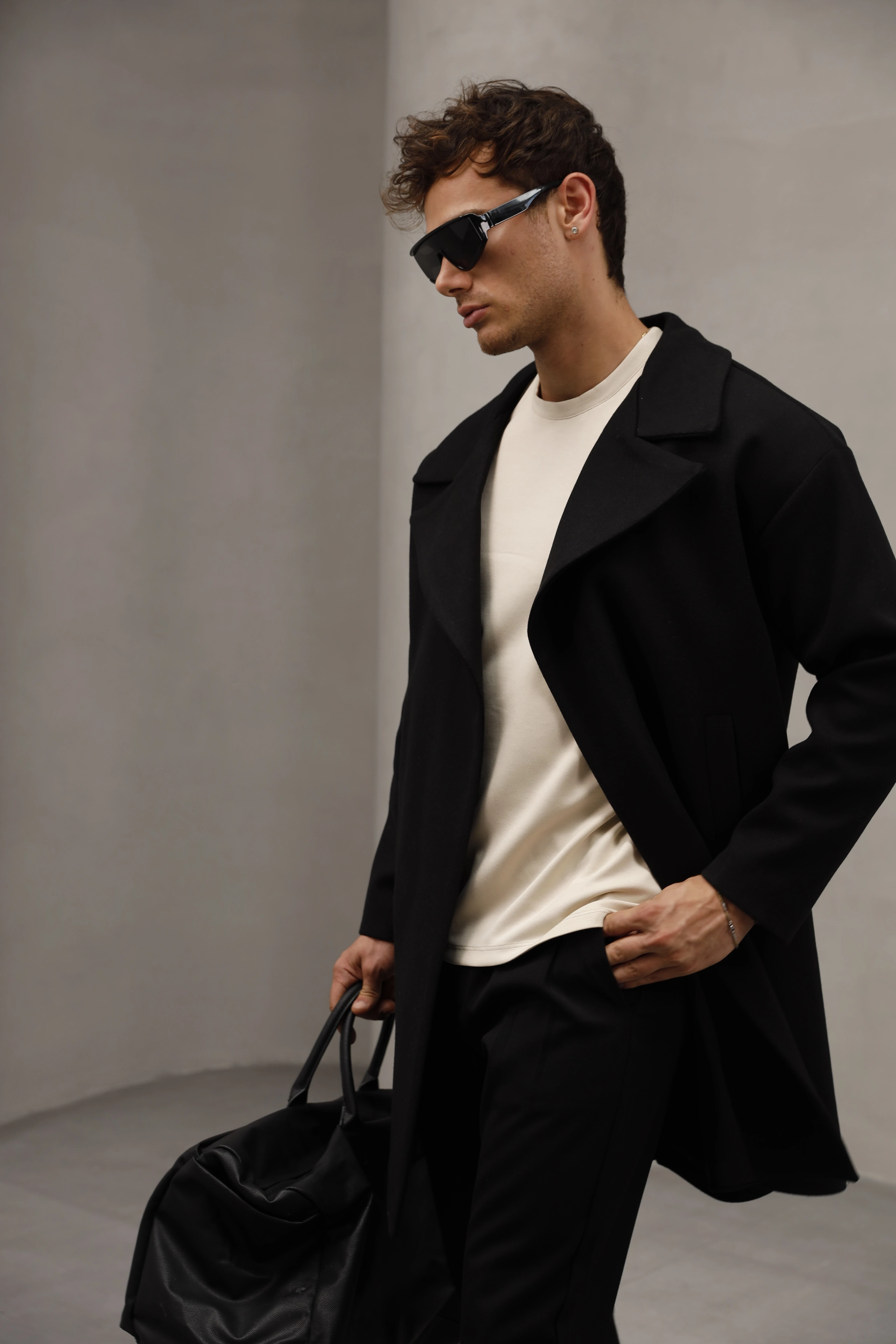 Oversize Kapamasız Erkek Uzun Kaşe Kaban - Siyah