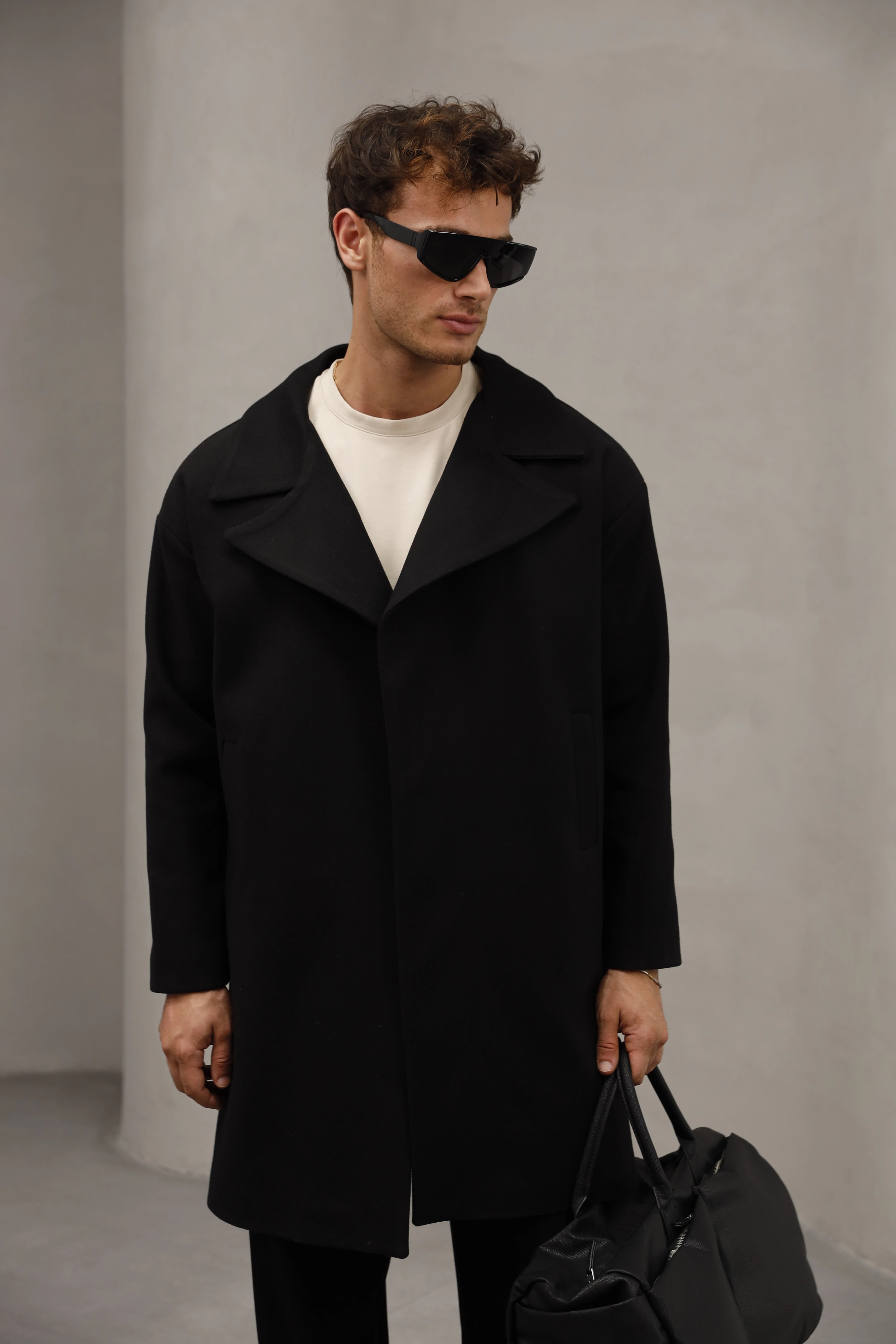 Oversize Kapamasız Erkek Uzun Kaşe Kaban - Siyah