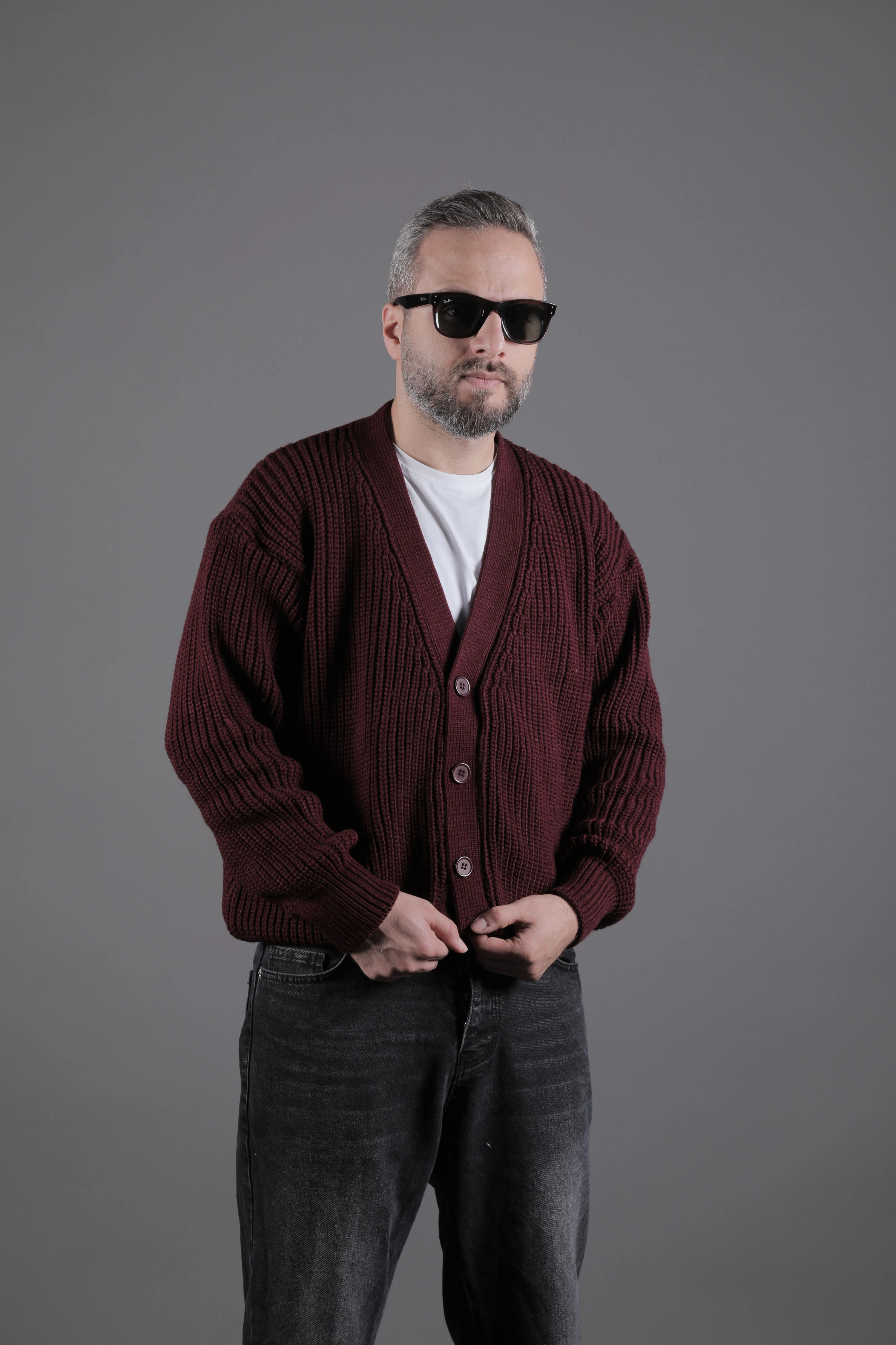 Dokulu Oversize Erkek Kalın Hırka - Bordo