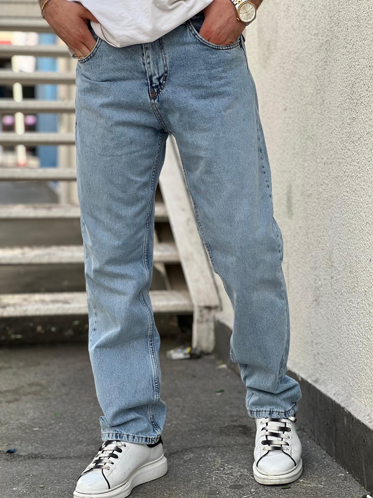 Erkek Baggy Fit Rahat Kesim Loose Jean Kot Pantolon - Buz Mavisi