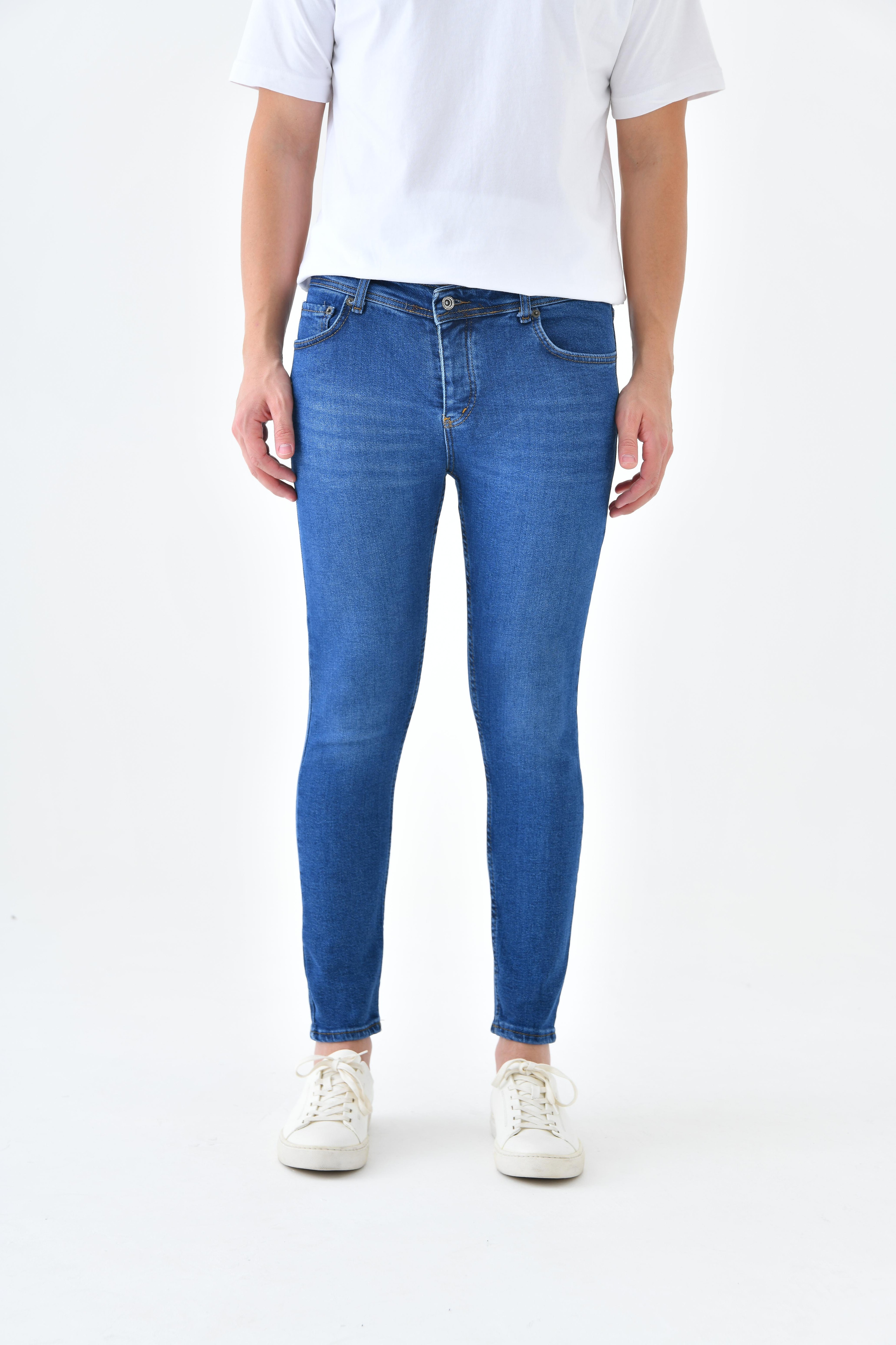 Slim Fit Erkek Likralı Kot Pantolon Jeans - Taşlamalı Mavi