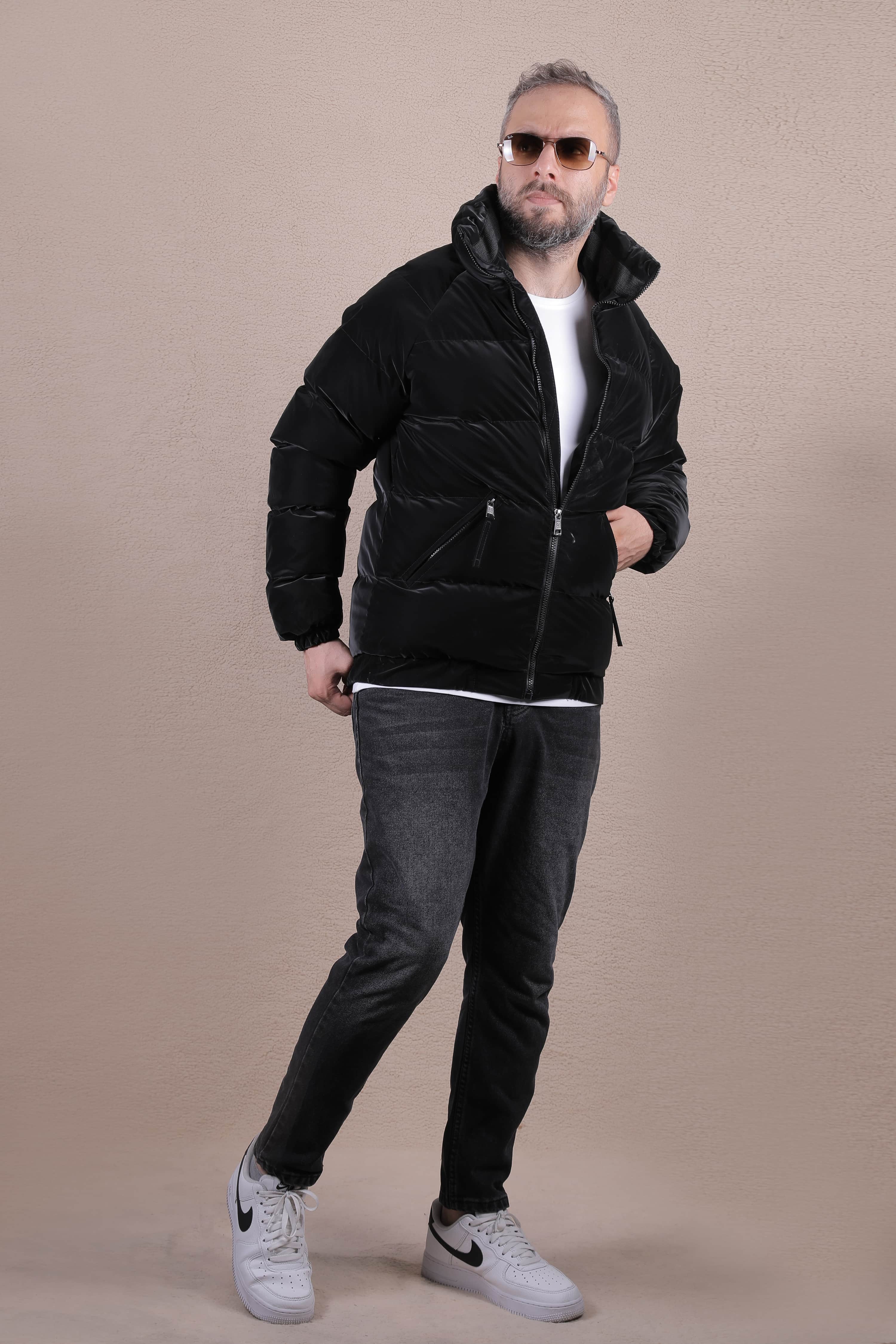 Çapraz Cepli Erkek Şişme Mont - Siyah