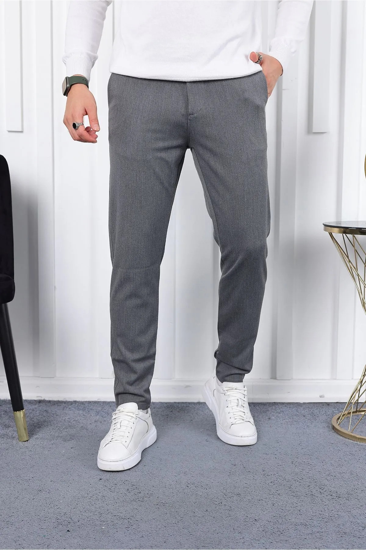 İtalyan Stil Slim Fit Likralı Erkek Keten Kumaş Pantolon - Koyu Gri