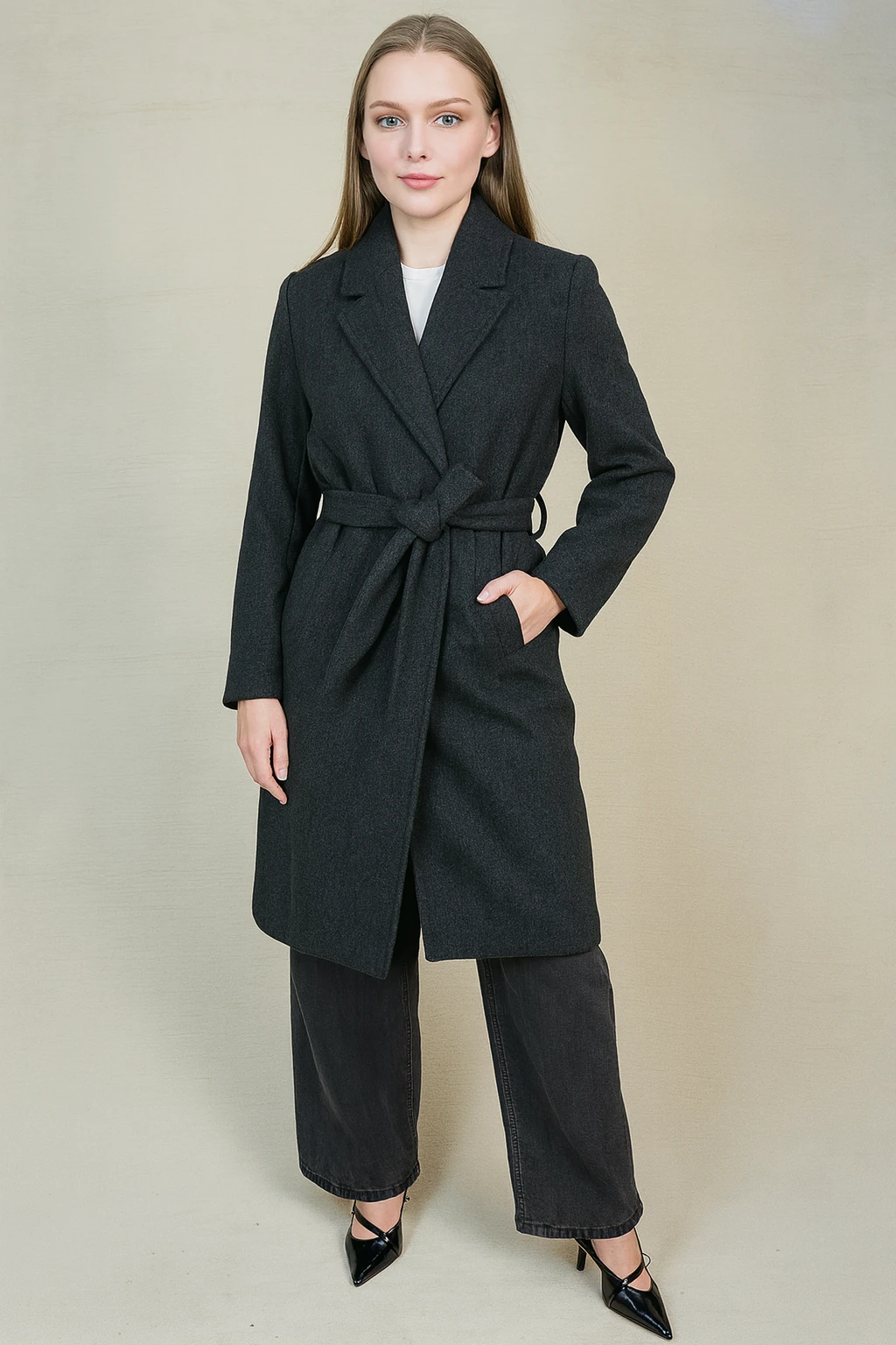 Kemerli Kadın Kaşe Kaban - Antrasit