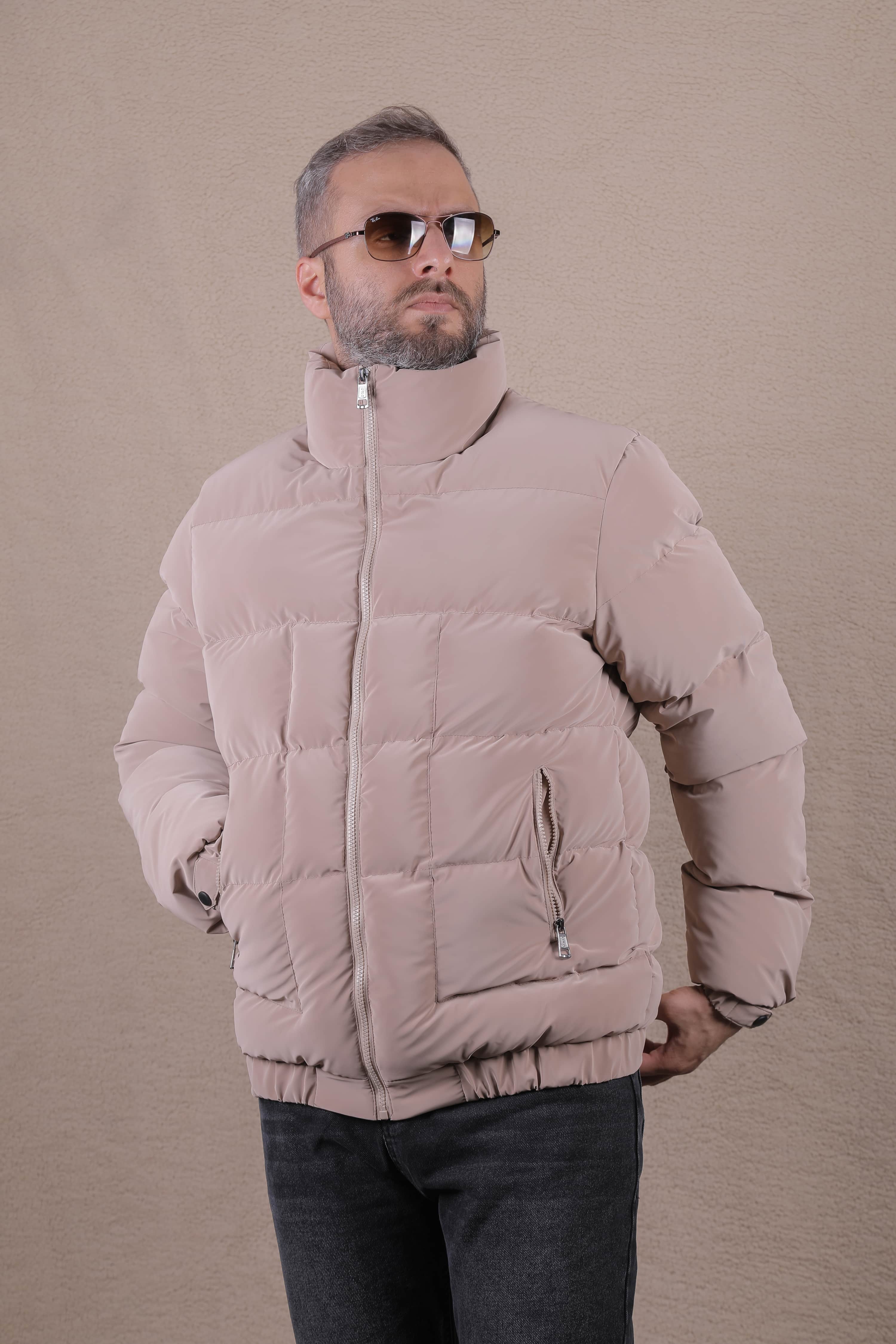Dik Yaka Nova Soft Kumaş Erkek Şişme Mont - Sütlü Kahve