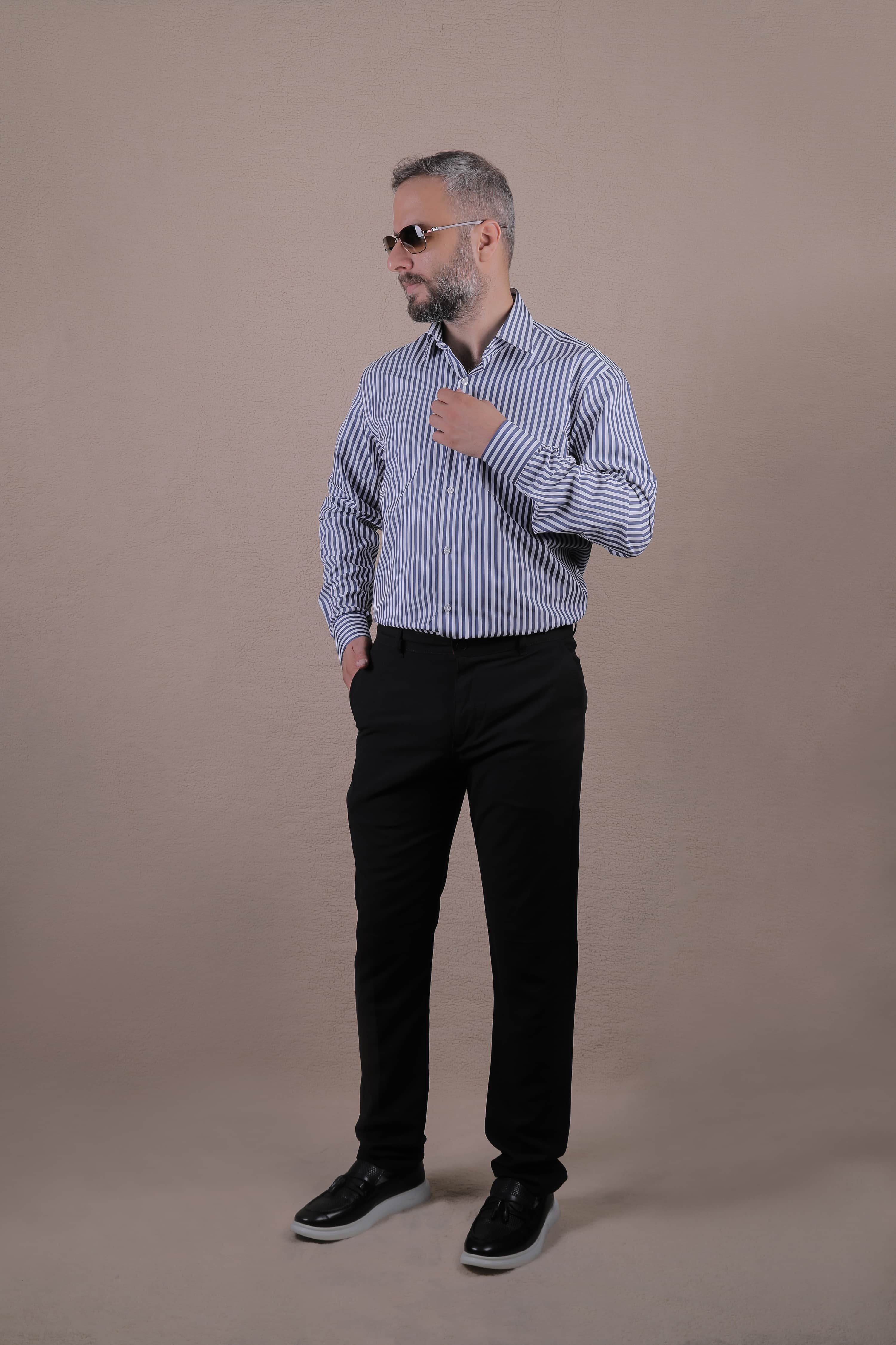 Premium Kalite Çizgili Tek Cepli Klasik Uzun Kollu Erkek Gömlek - Lacivert