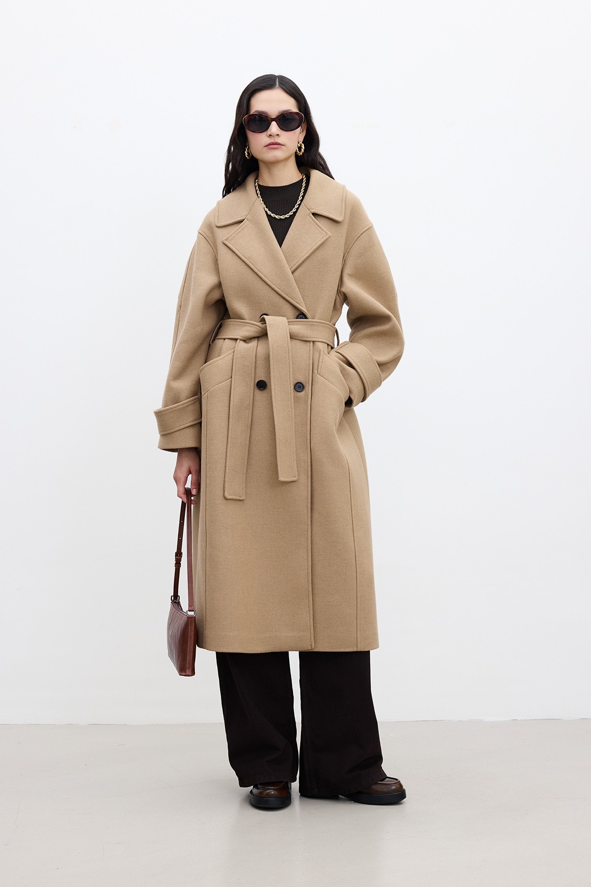 Kemerli Oversize Premium Kadın Kaşe Kaban - Camel