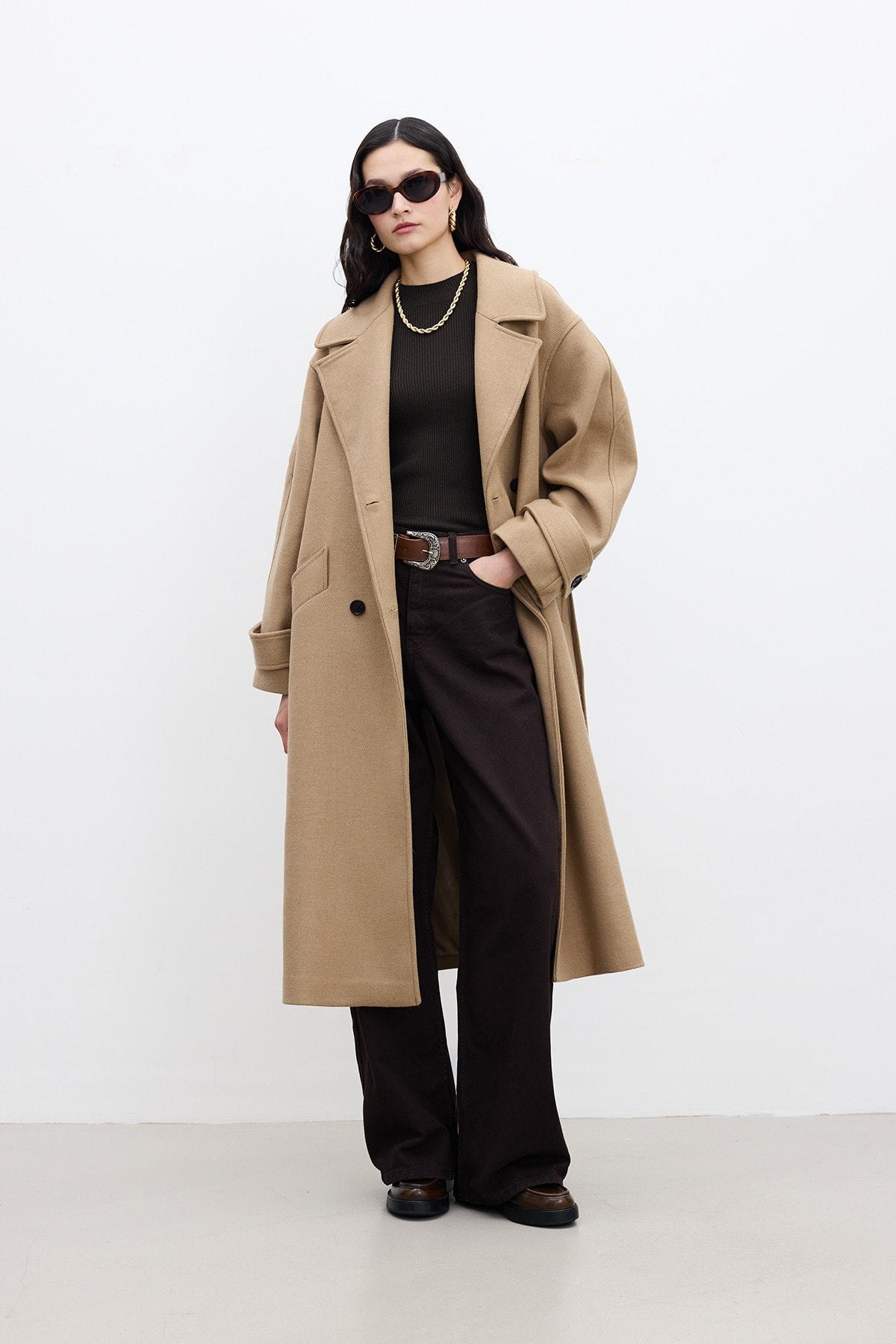 Kemerli Oversize Premium Kadın Kaşe Kaban - Camel