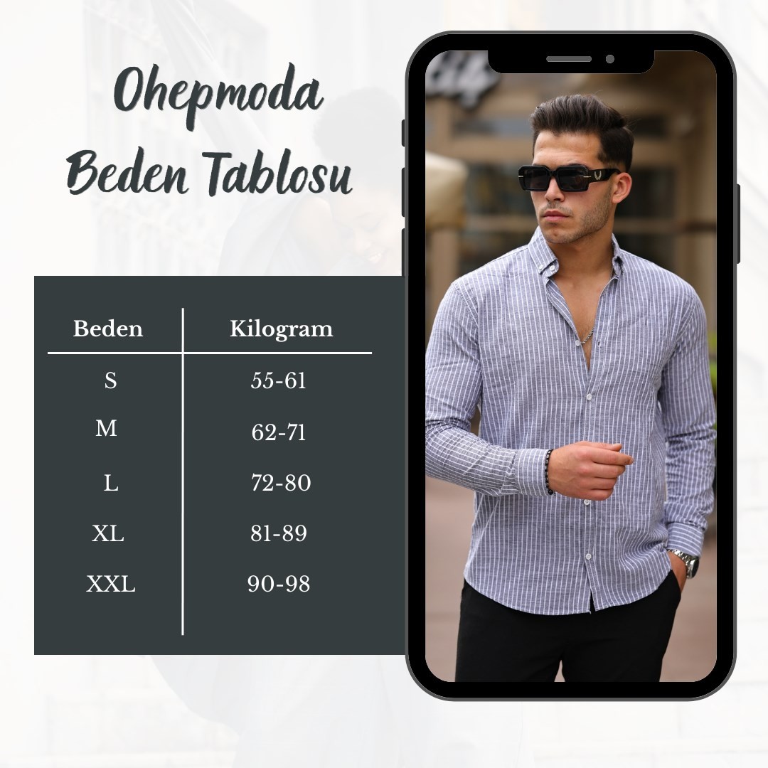 Slim Fit Çizgili Uzun Kollu Erkek Yazlık Keten Gömlek Gri