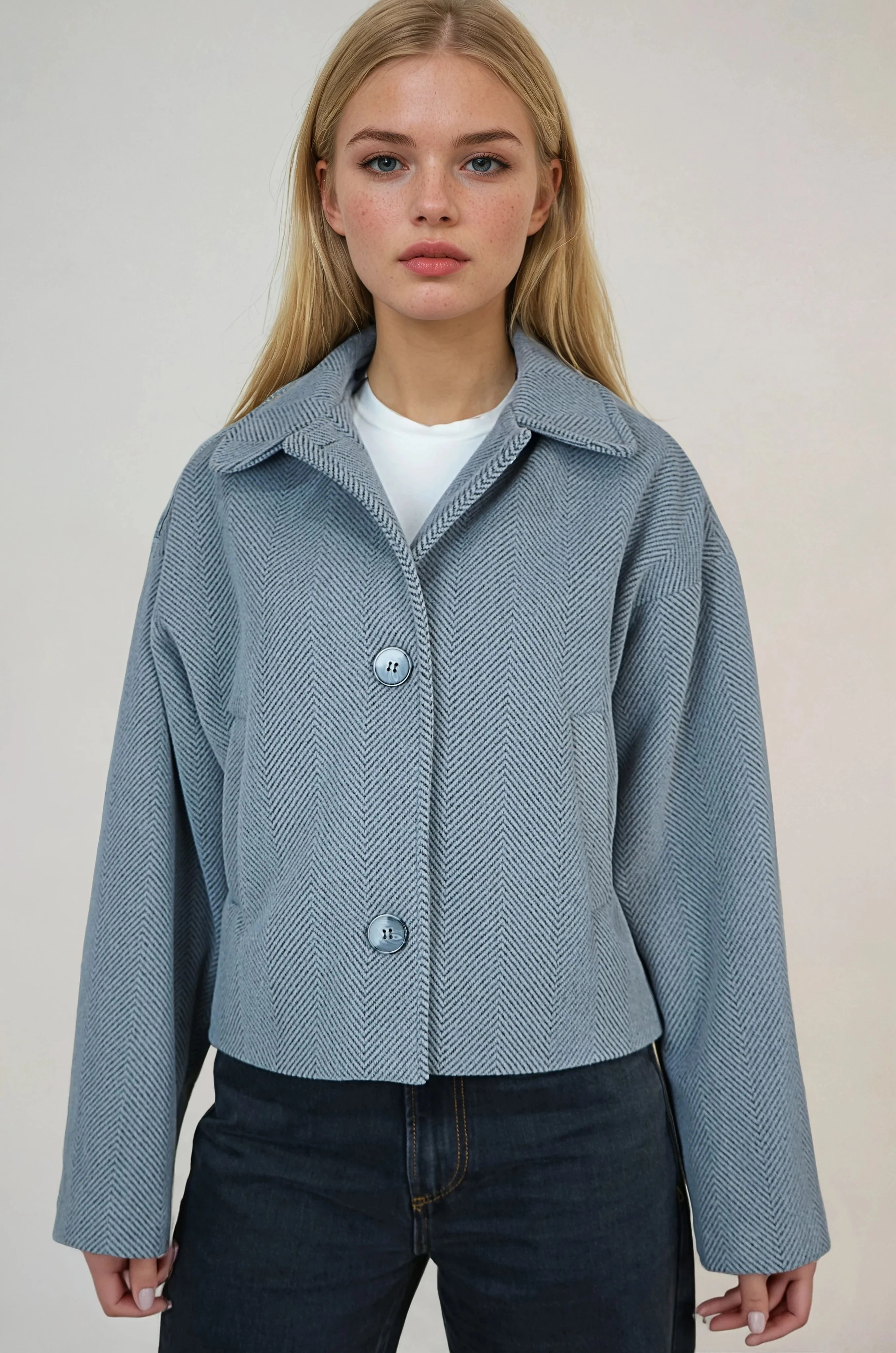 Oversize Desenli Kadın Kısa Kaşe Kaban  - Koyu Gri