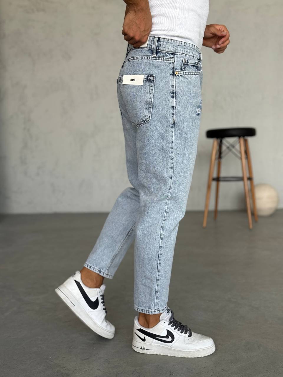 Lazer Detaylı Erkek Boyfriend Kot Pantolon - Açık Mavi