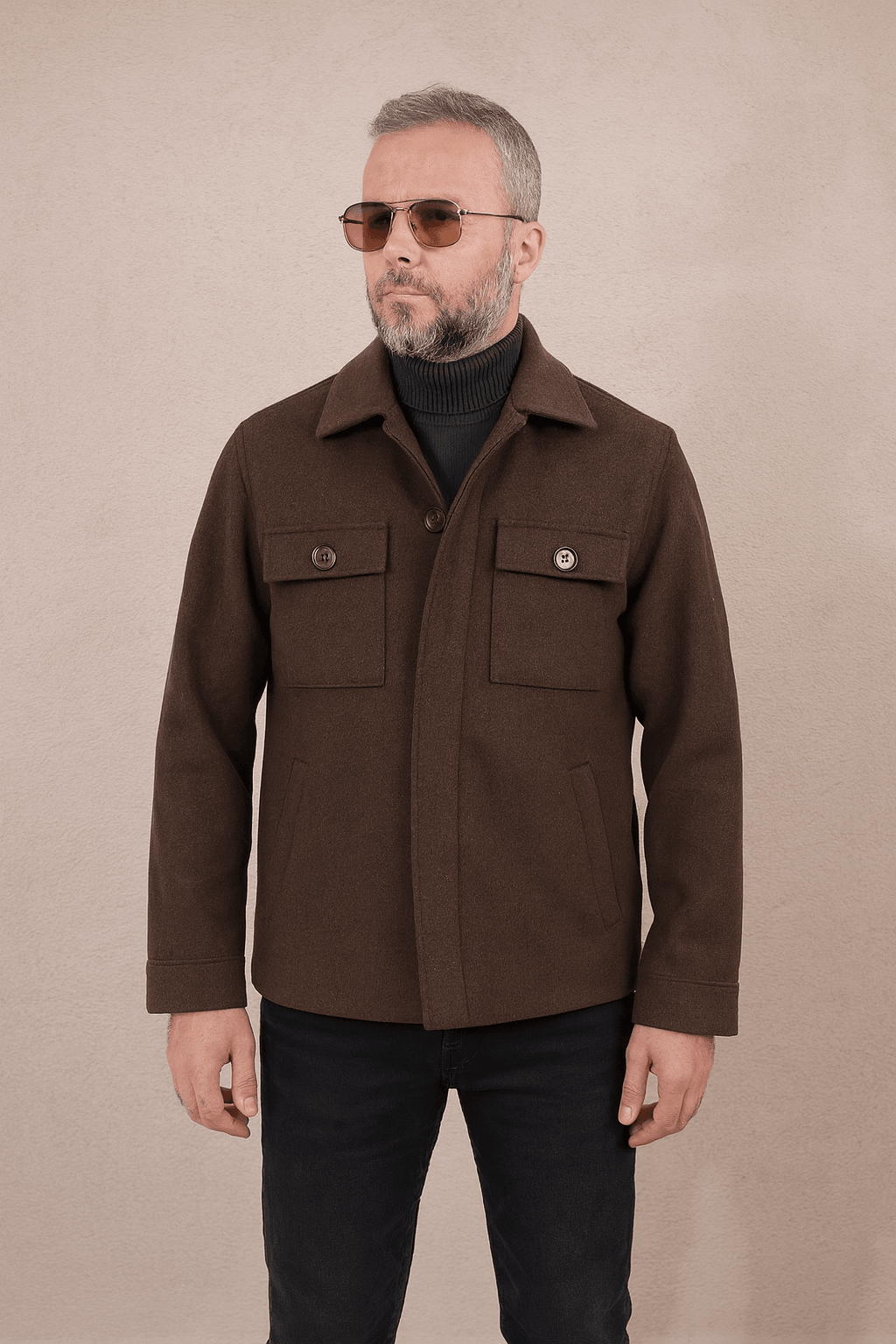 İtalyan Stil Slim Fit Erkek Kaşe Kaban - Kahverengi