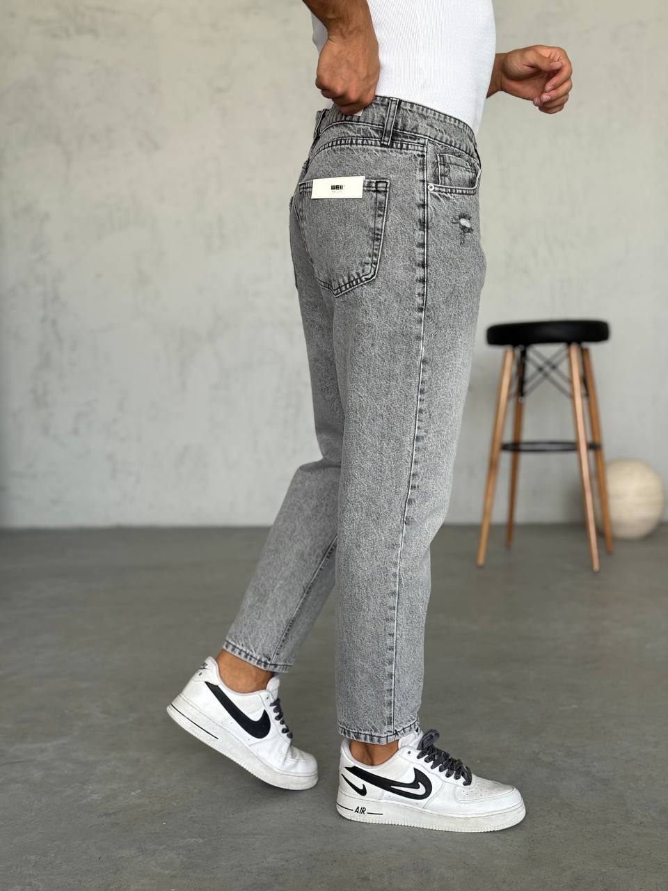 Lazer Detaylı Erkek Boyfriend Kot Pantolon - Taşlamalı Gri