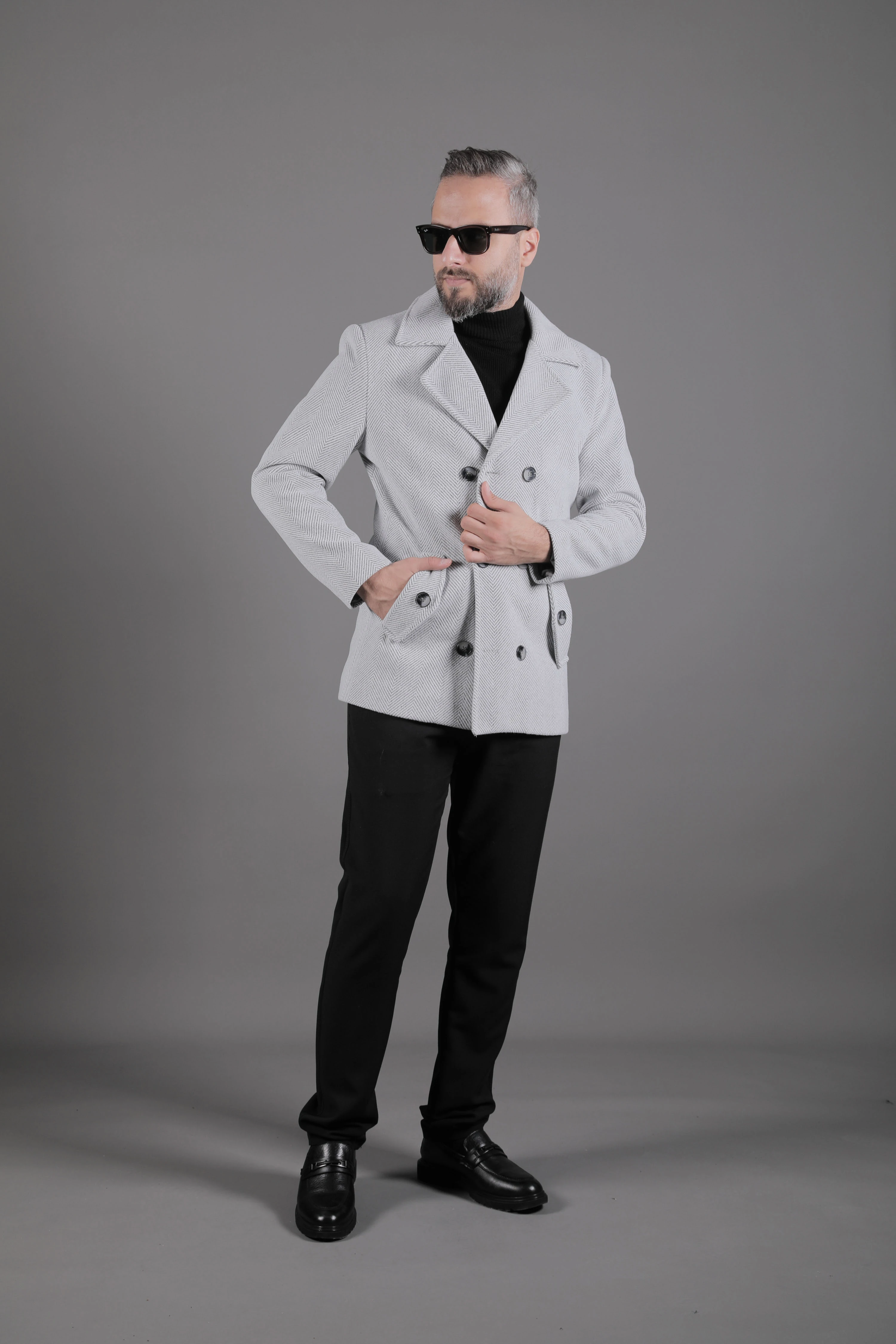 Desenli Kruvaze Erkek Kaşe Kaban - Açık Gri