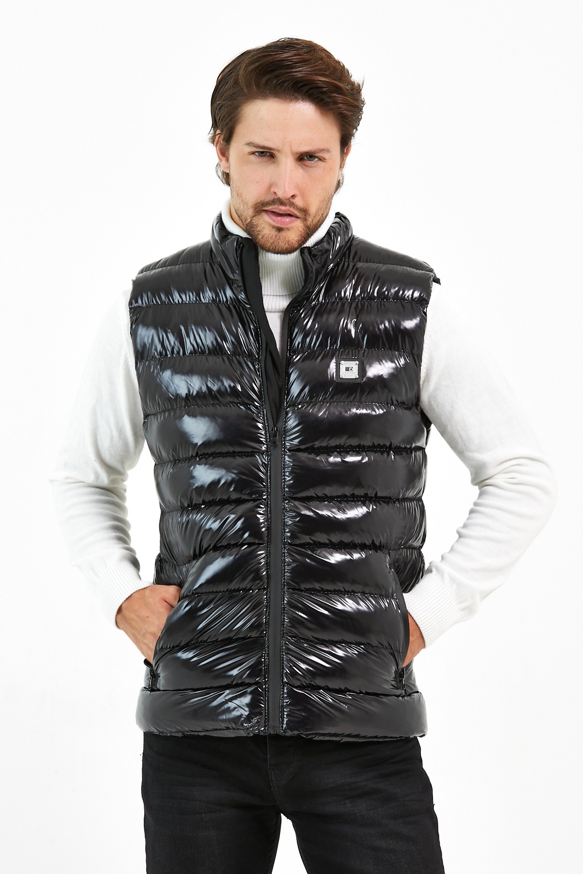 Slim Fit Parlak Şişme Yelek - Siyah