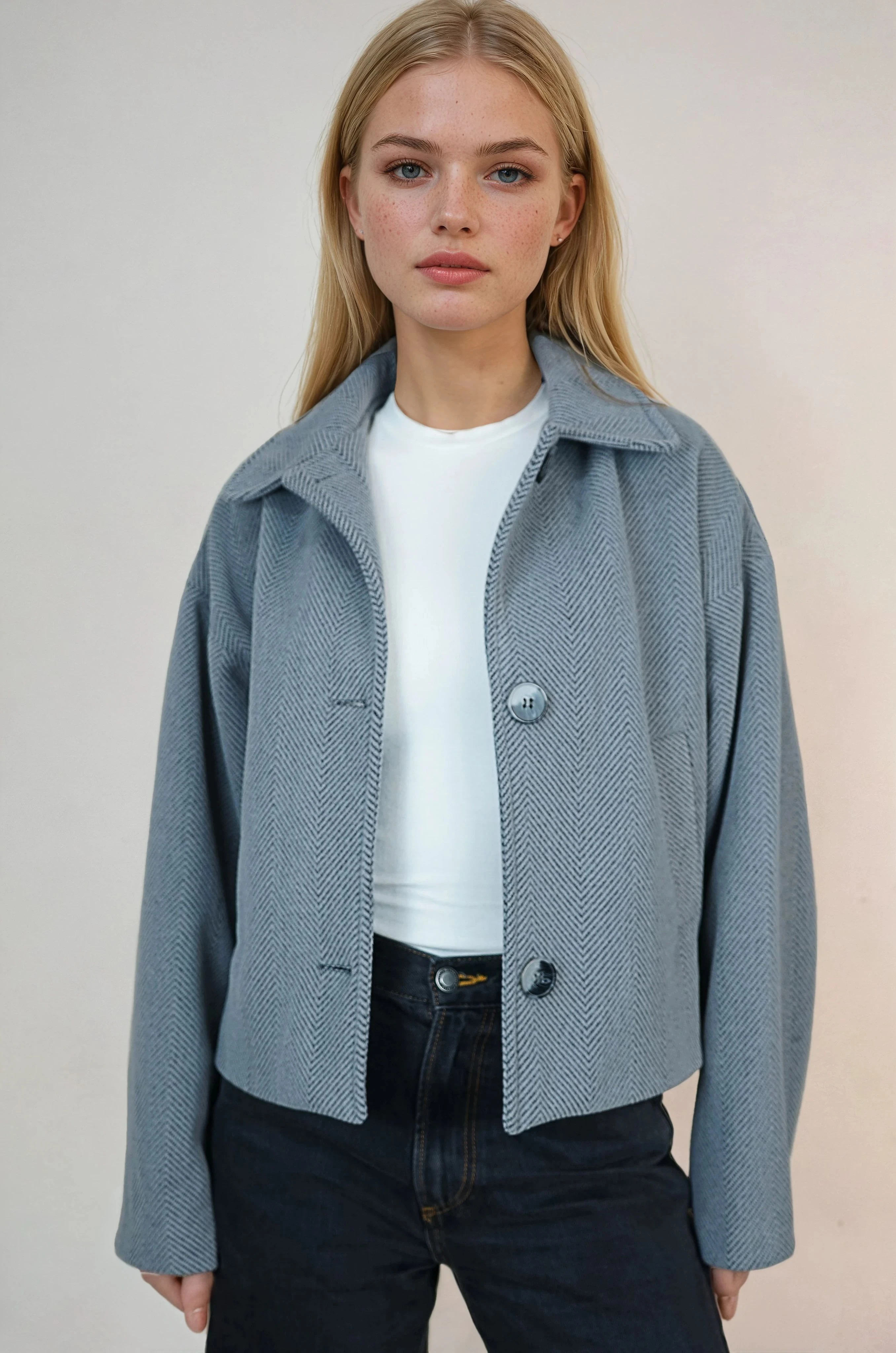 Oversize Desenli Kadın Kısa Kaşe Kaban  - Koyu Gri