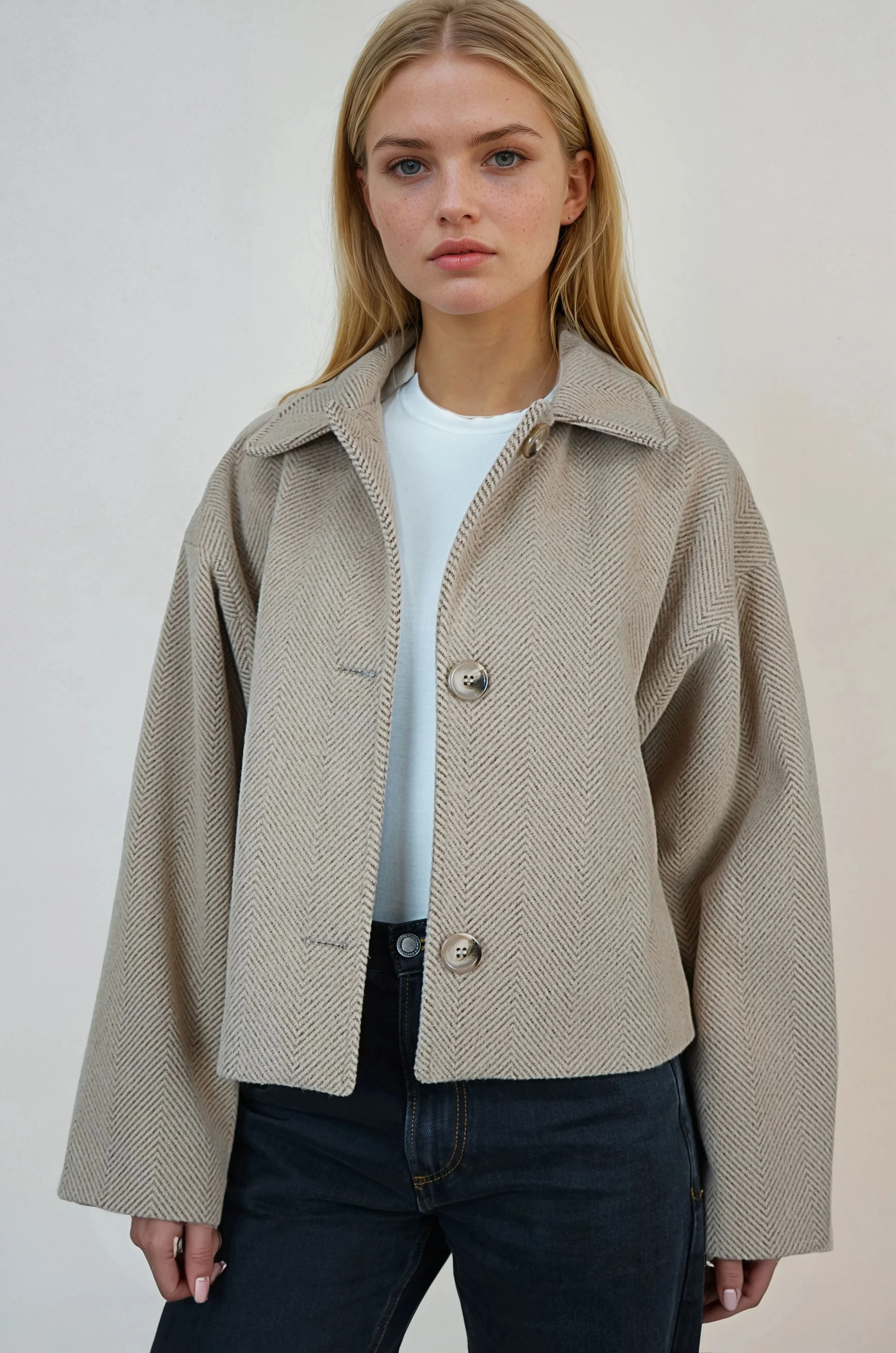 Oversize Desenli Kadın Kısa Kaşe Kaban  - Sütlü Kahve