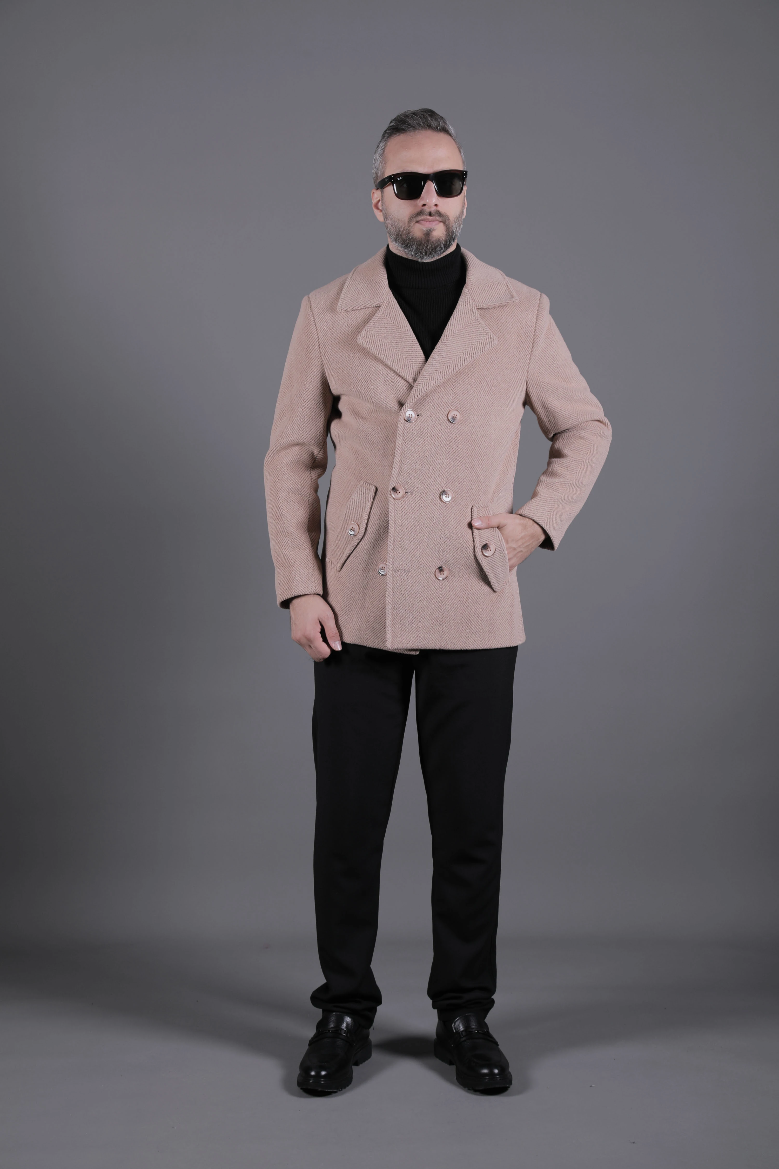 Desenli Kruvaze Erkek Kaşe Kaban - Sütlü Kahve