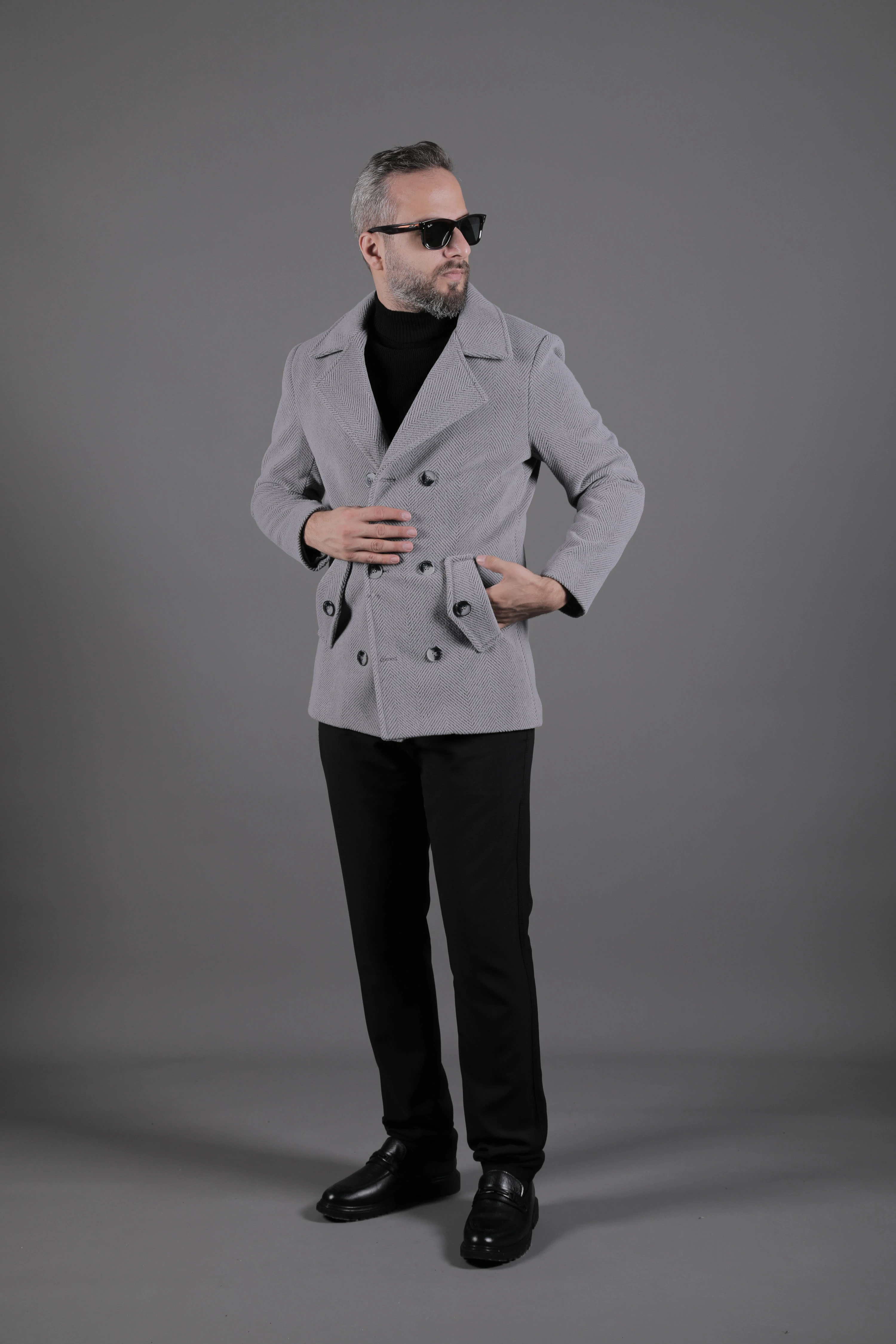 Desenli Kruvaze Erkek Kaşe Kaban - Koyu Gri