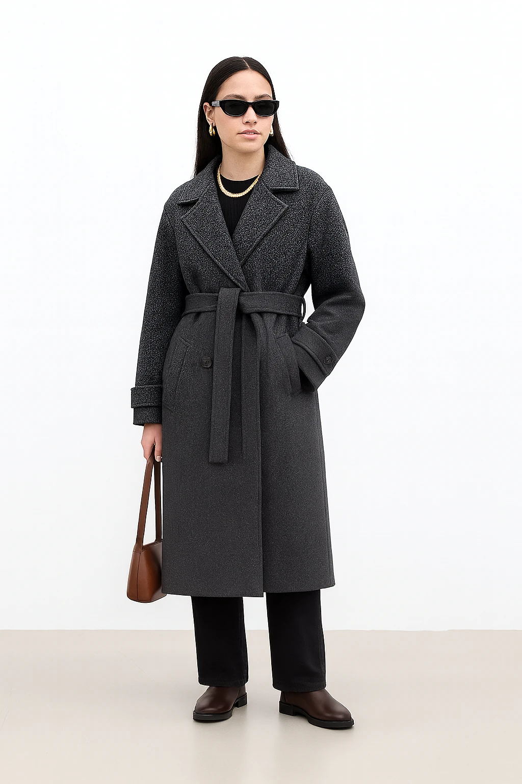 Kemerli Oversize Premium Kadın Kaşe Kaban - Antrasit