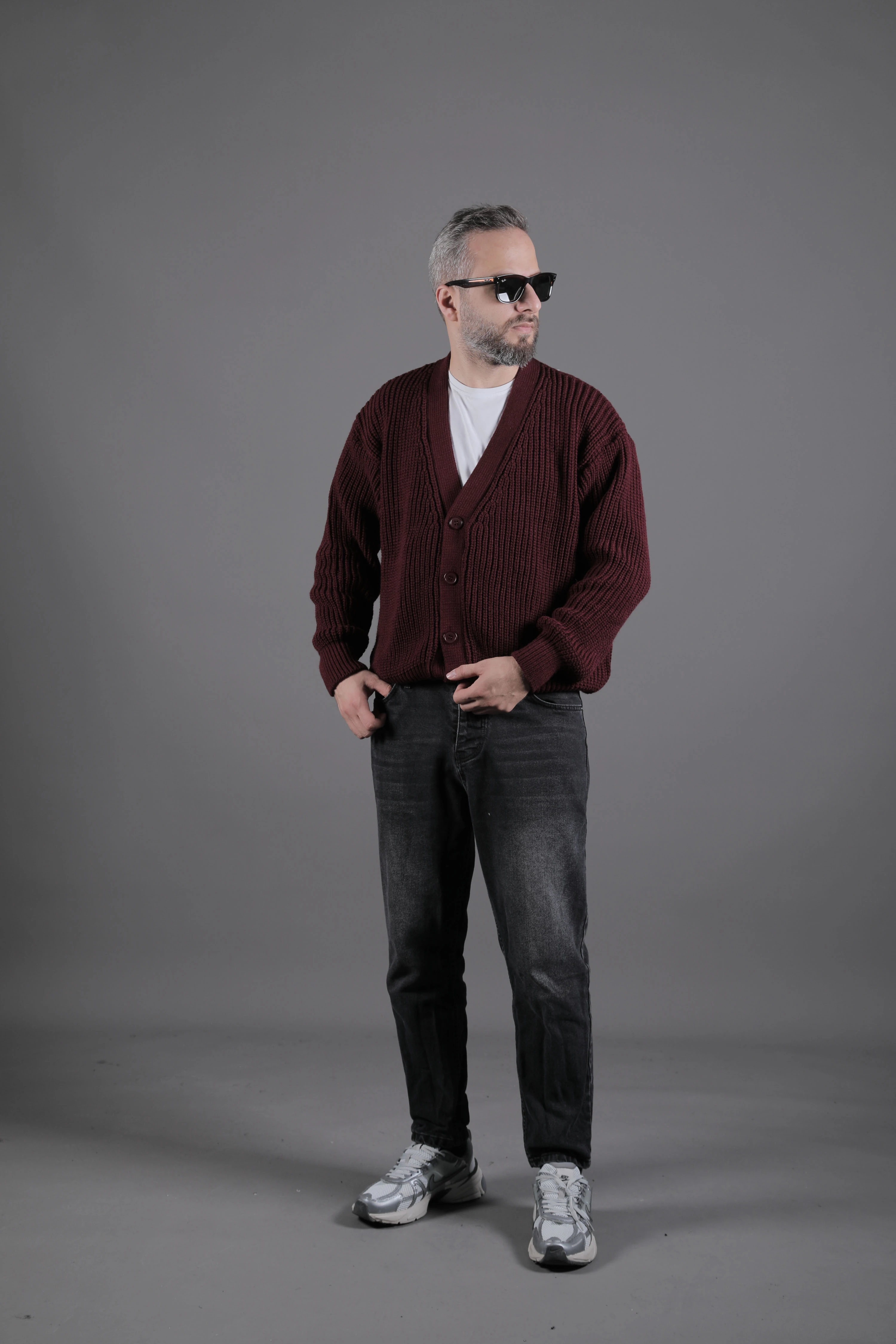 Dokulu Oversize Erkek Kalın Hırka - Bordo